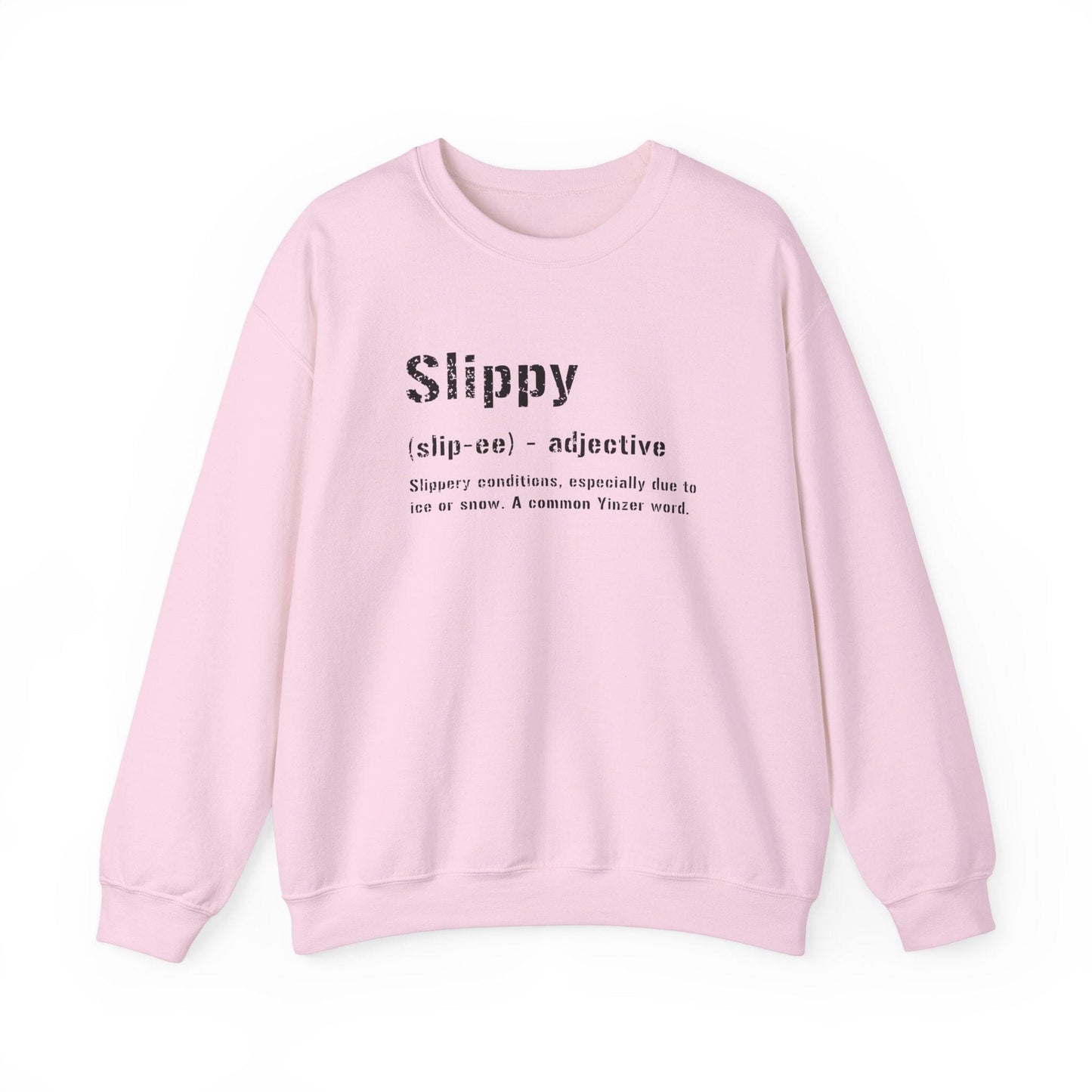 Slippy Pittsburghese Definition Crewneck Sweatshirt | Yinzergear Original | Cozy Black & Gold Style for Cold Days in the 'Burgh Sweatshirt Yinzergear S Light Pink