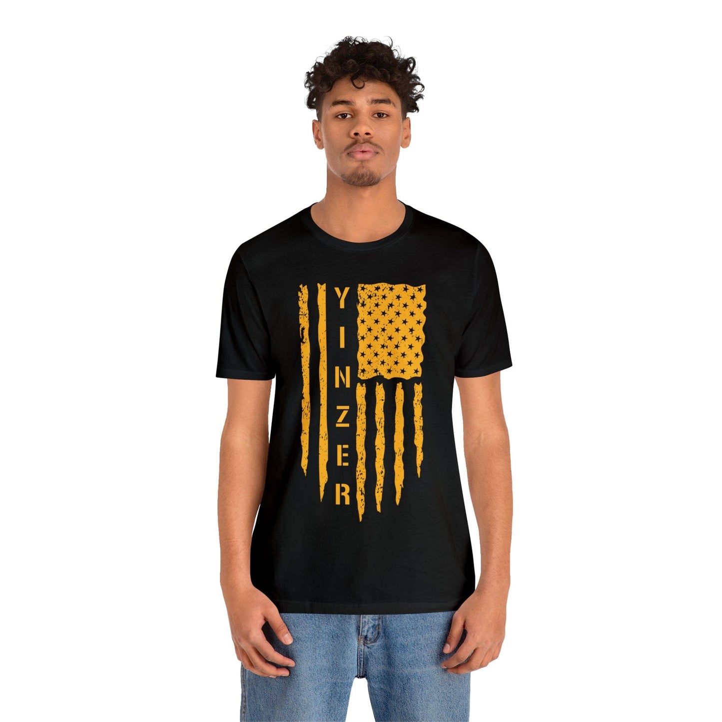 Yinzer Flag T-Shirt: Gold on Black, Pittsburgh Legacy & Patriotic Burgh Shirt T-Shirt Printify