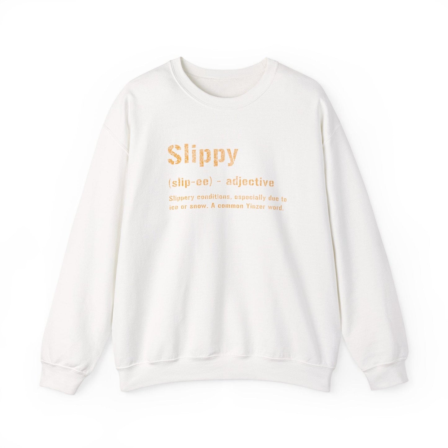 Slippy Pittsburghese Definition Crewneck Sweatshirt | Yinzergear Original | Cozy Black & Gold Style for Cold Days in the 'Burgh Sweatshirt Yinzergear S White