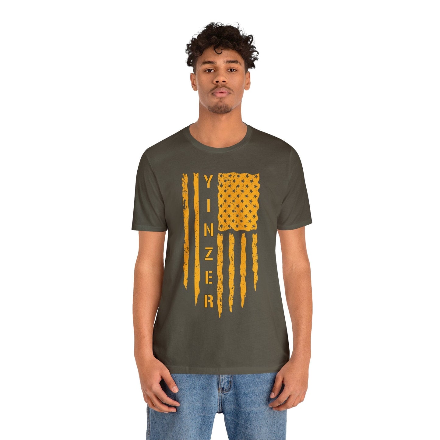 Yinzer Flag T-Shirt: Gold on Black, Pittsburgh Legacy & Patriotic Burgh Shirt T-Shirt Printify