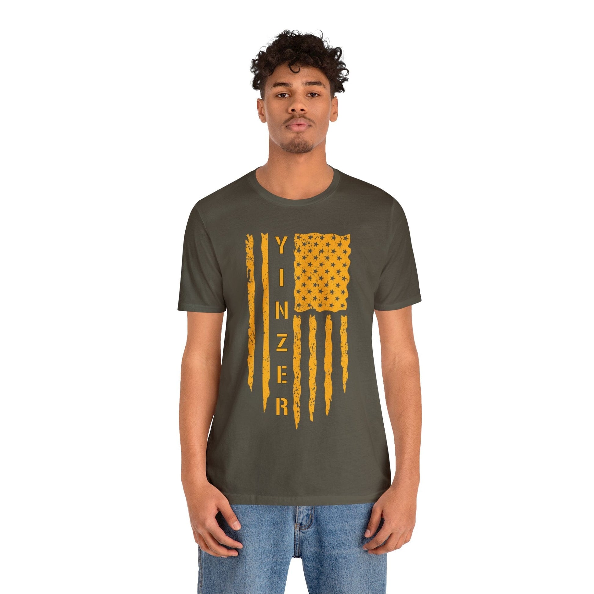 Yinzer Flag T-Shirt: Gold on Black, Pittsburgh Legacy & Patriotic Burgh Shirt T-Shirt Printify