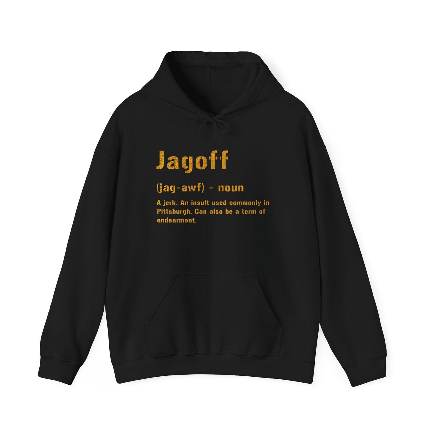 Jagoff Pittsburghese Definition Hoodie – Yinzer Sweatshirt | Unisex Black and Gold Pullover Hoodie Yinzergear Black S