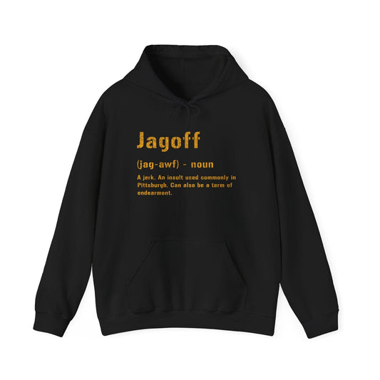 Jagoff Pittsburghese Definition Hoodie – Yinzer Sweatshirt | Unisex Black and Gold Pullover Hoodie Yinzergear Black S