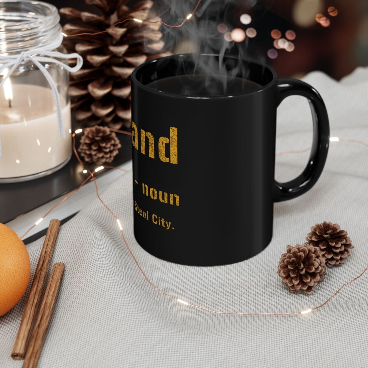 Gumband Pittsburghese Definition Coffee Mug – 11oz & 15oz Black and Gold Ceramic | Fast Shipping | The Ultimate Yinzer Gift Mug Printify