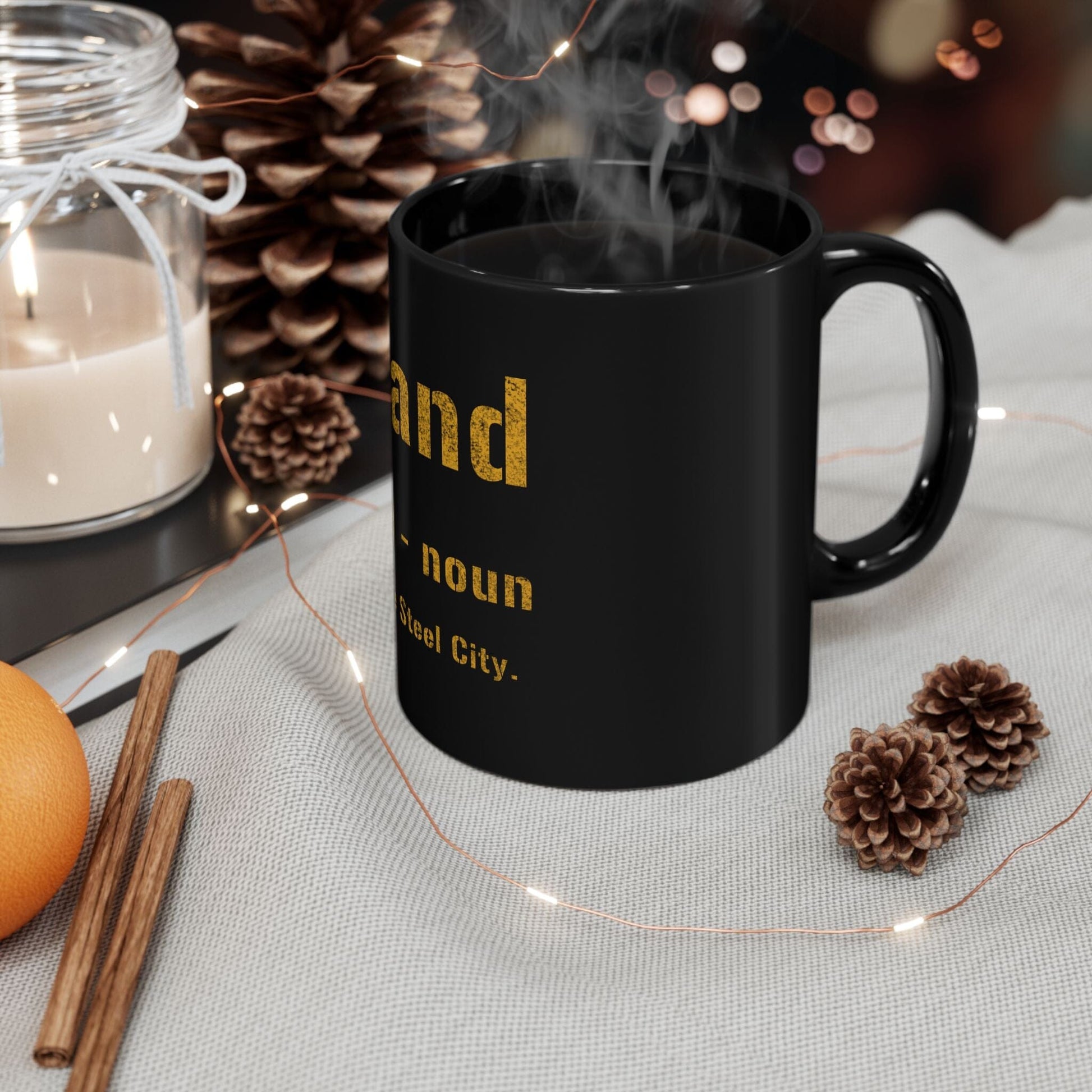 Gumband Pittsburghese Definition Coffee Mug – 11oz & 15oz Black and Gold Ceramic | Fast Shipping | The Ultimate Yinzer Gift Mug Printify