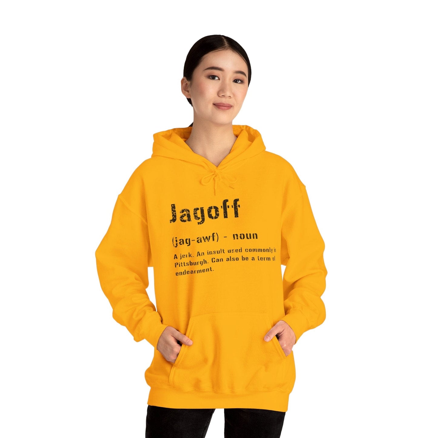 Jagoff Pittsburghese Definition Hoodie – Yinzer Sweatshirt | Unisex Black and Gold Pullover Hoodie Yinzergear