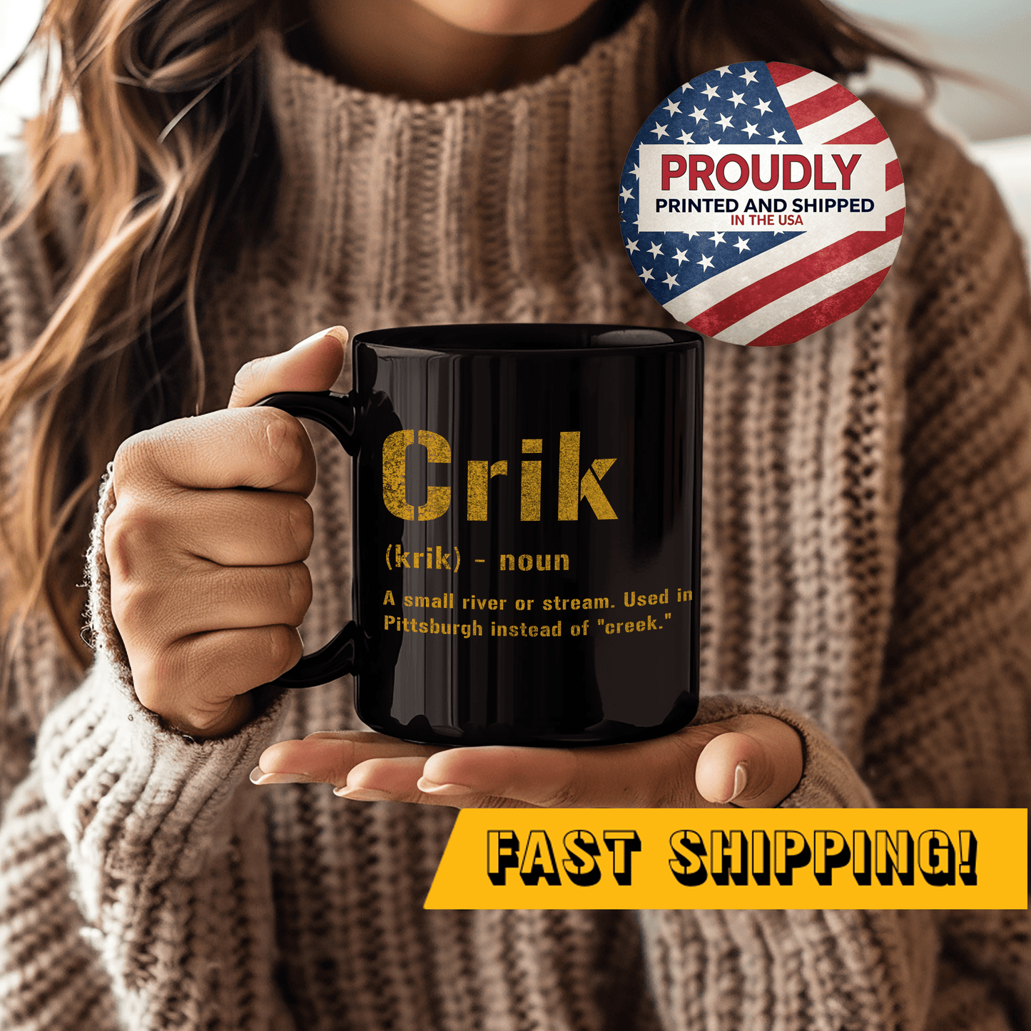 Crik Pittsburghese Definition Coffee Mug – 11oz & 15oz Black and Gold Ceramic | Fast Shipping | Great Yinzer Gift Mug Printify