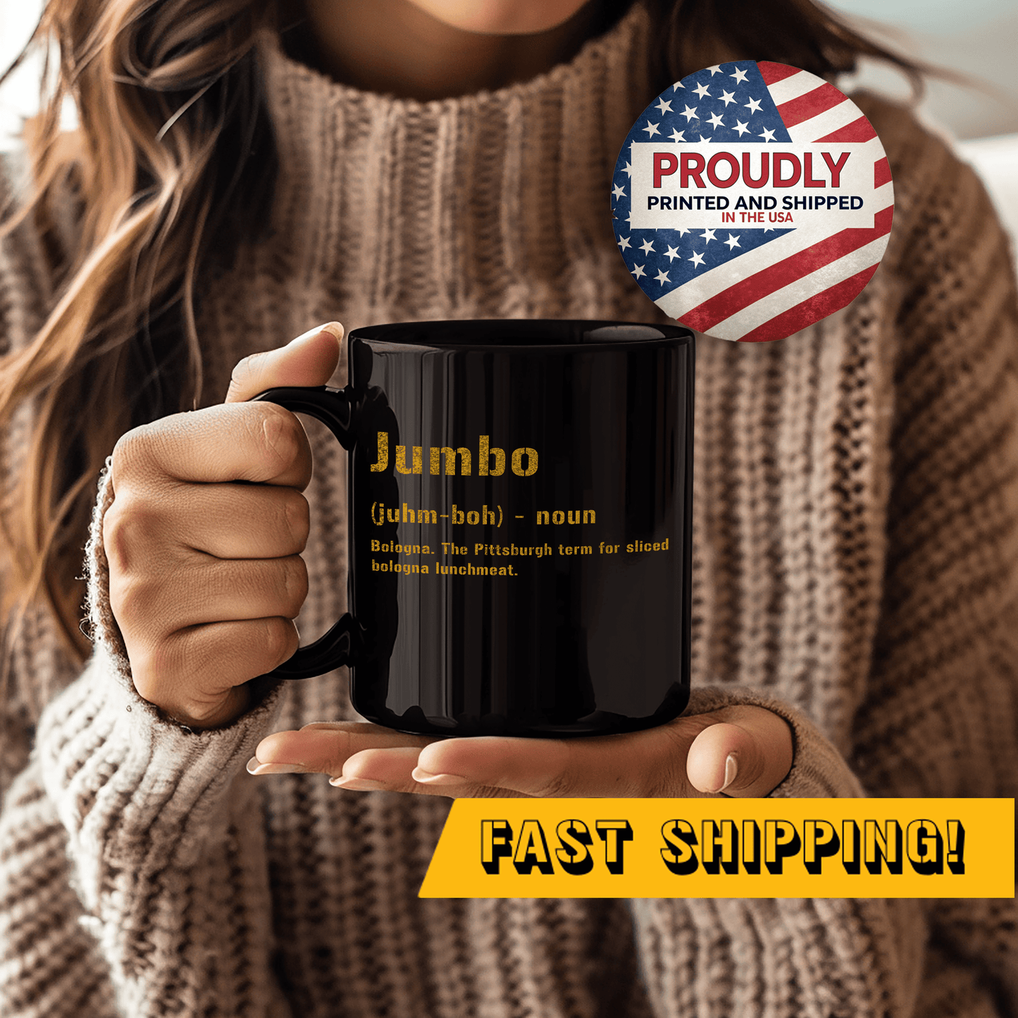 Jumbo Pittsburghese Definition Coffee Mug – Black and Gold 11oz & 15oz | Fast Shipping | The Perfect Yinzer Gift Mug Printify