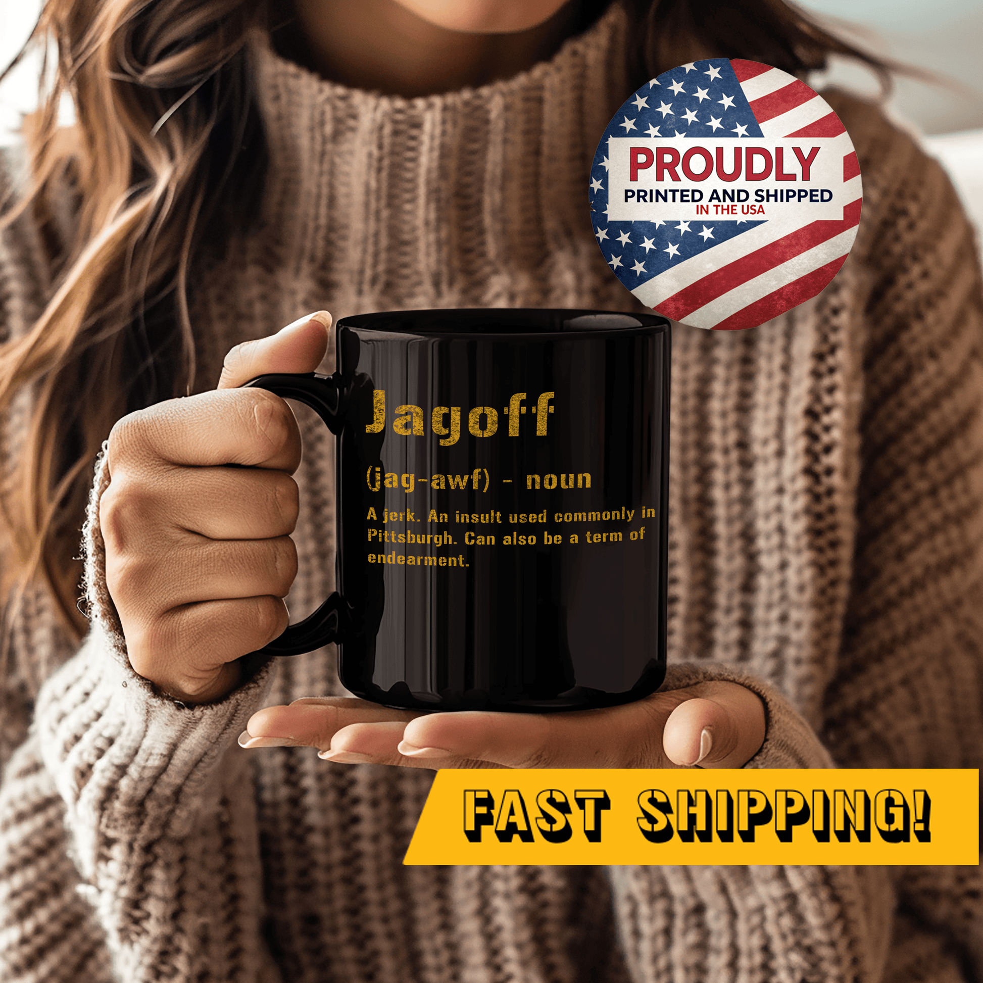 Jagoff Pittsburghese Definition Coffee Mug – Black & Gold 11oz & 15oz | Glossy Ceramic Yinzer Gift Mug Mug Printify
