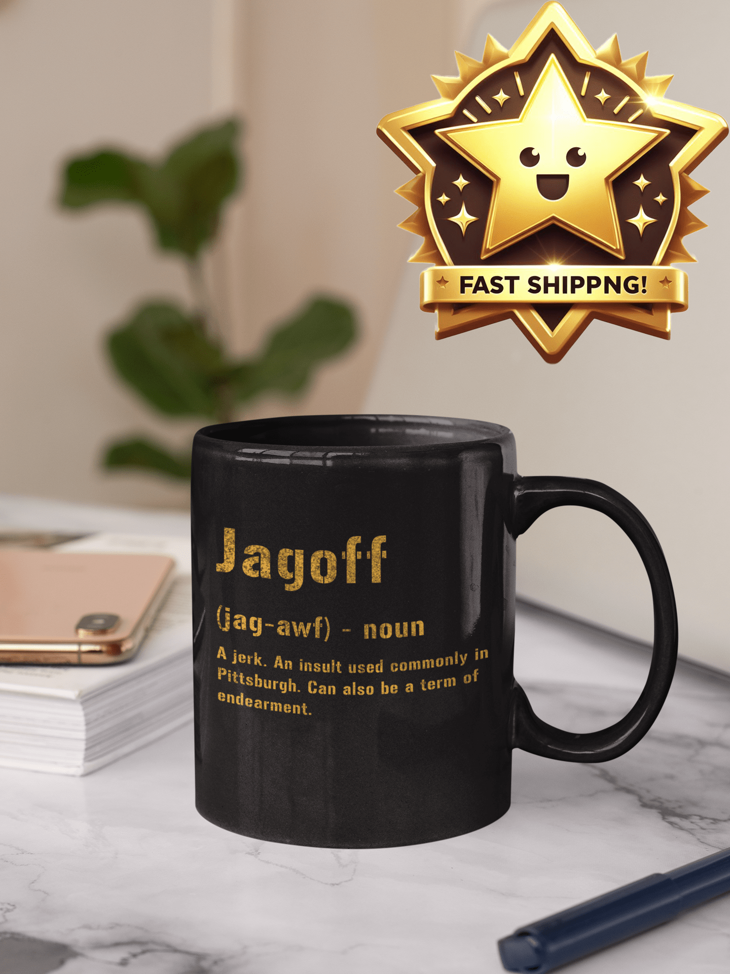 Jagoff Pittsburghese Definition Coffee Mug – Black & Gold 11oz & 15oz | Glossy Ceramic Yinzer Gift Mug Mug Printify