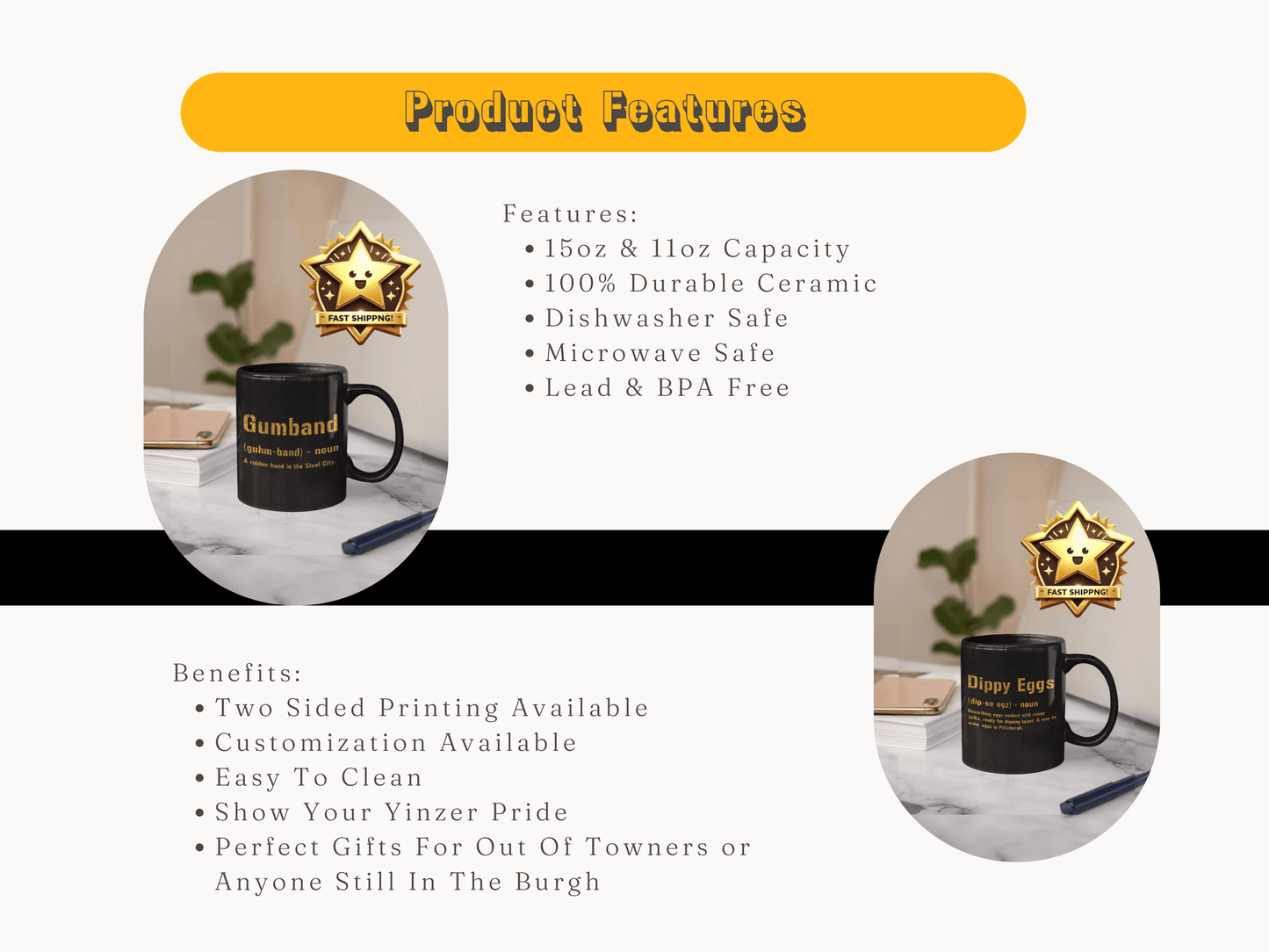 Nebby Coffee Mug – Pittsburghese Black and Gold Yinzer Gift | 11oz & 15oz Sizes Mug Printify