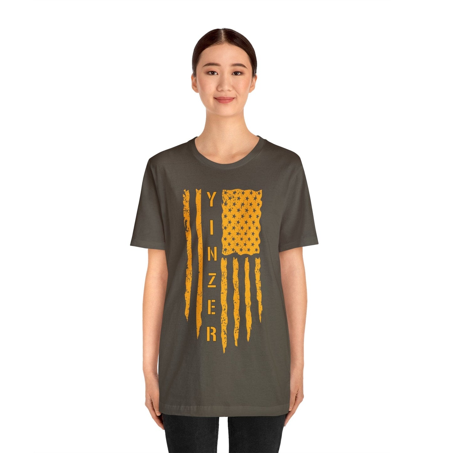 Yinzer Flag T-Shirt: Gold on Black, Pittsburgh Legacy & Patriotic Burgh Shirt T-Shirt Printify