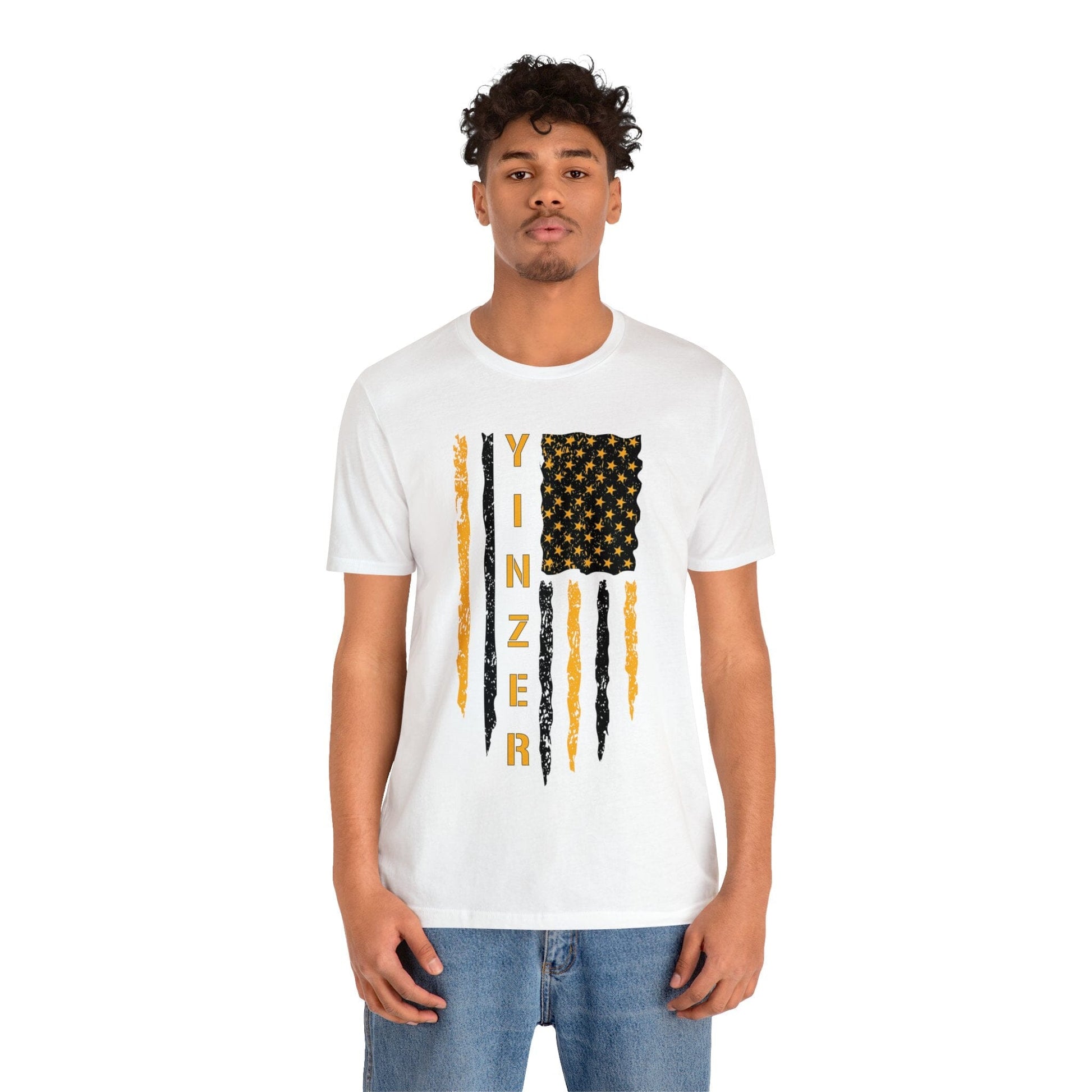 Yinzer Flag T-Shirt: Gold on Black, Pittsburgh Legacy & Patriotic Burgh Shirt T-Shirt Printify