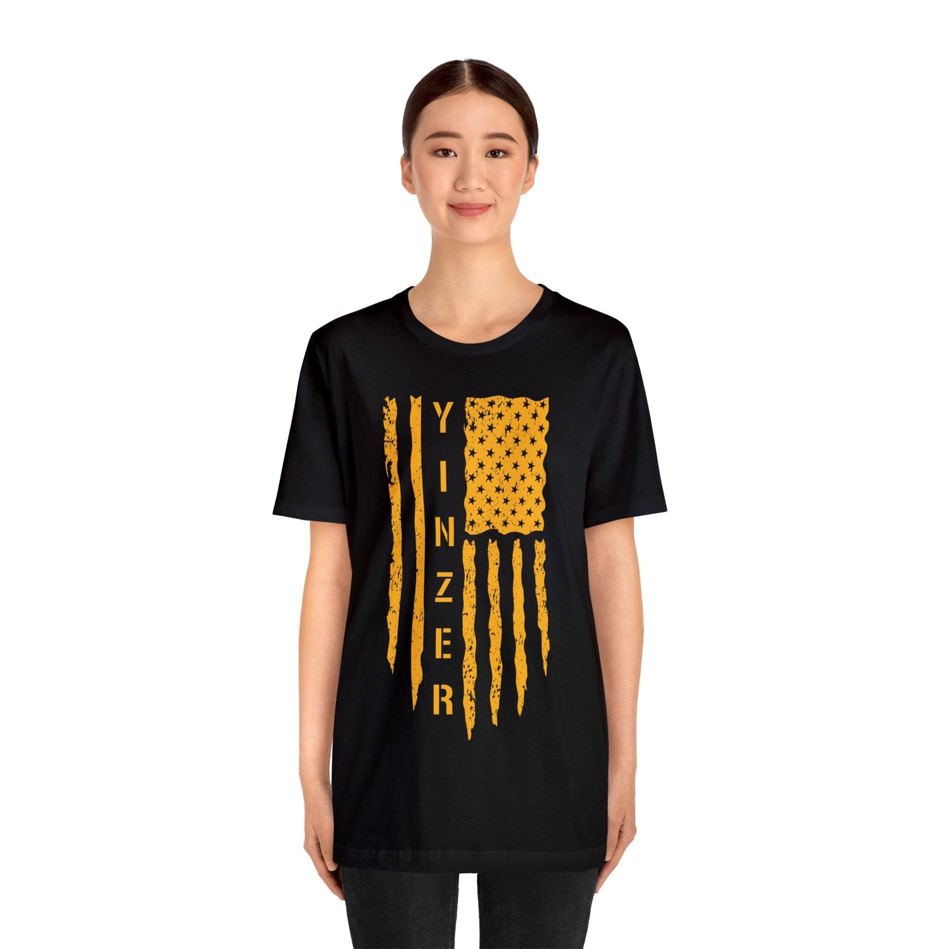 Yinzer Flag T-Shirt: Gold on Black, Pittsburgh Legacy & Patriotic Burgh Shirt T-Shirt Printify