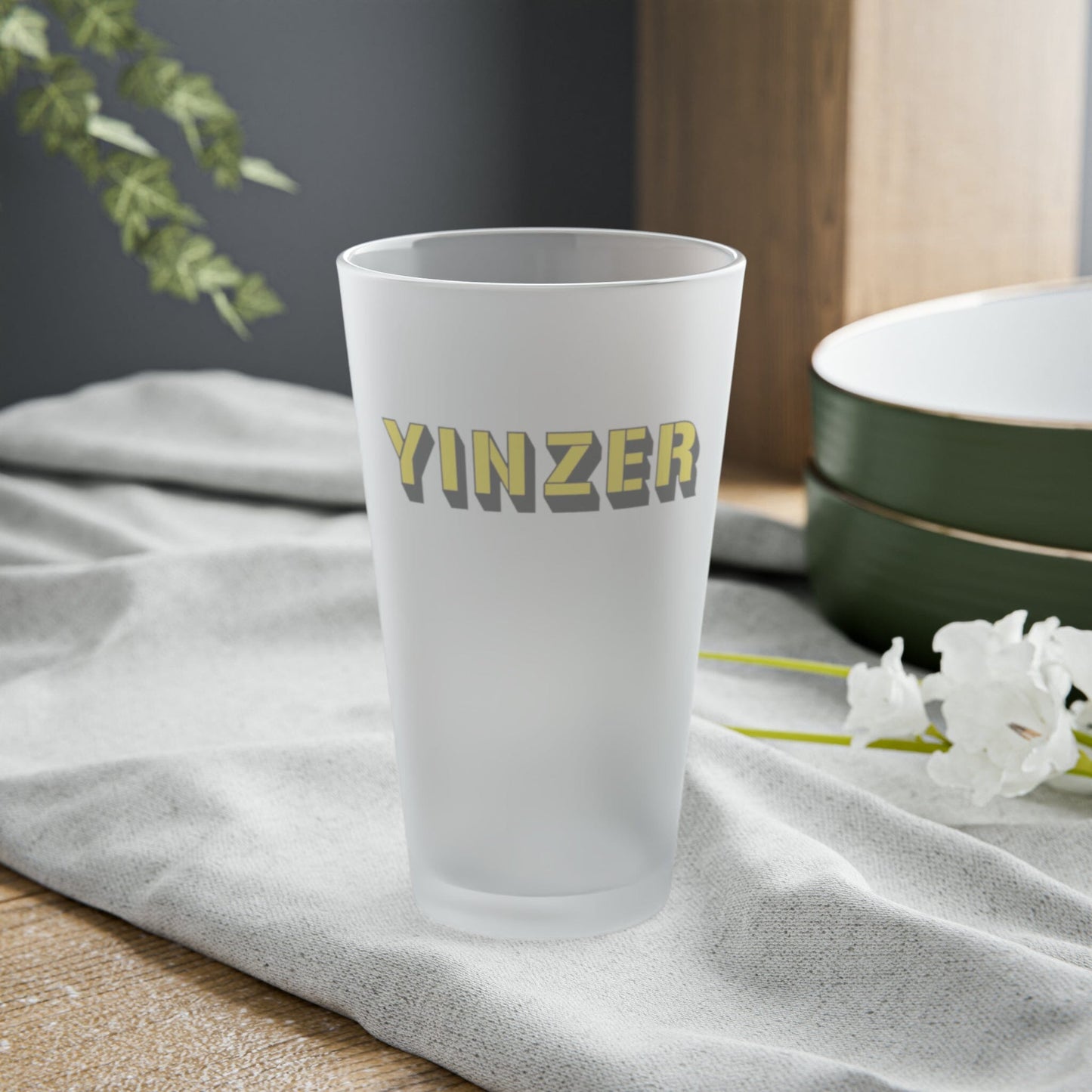 Yinzer Frosted Pint Glass, Personalized or Plain,16oz Yinzer Beer Mug, Steel City Beer, Pittsburgh Drinkware, 412 Yinzer, Burgh Glass Mug Printify