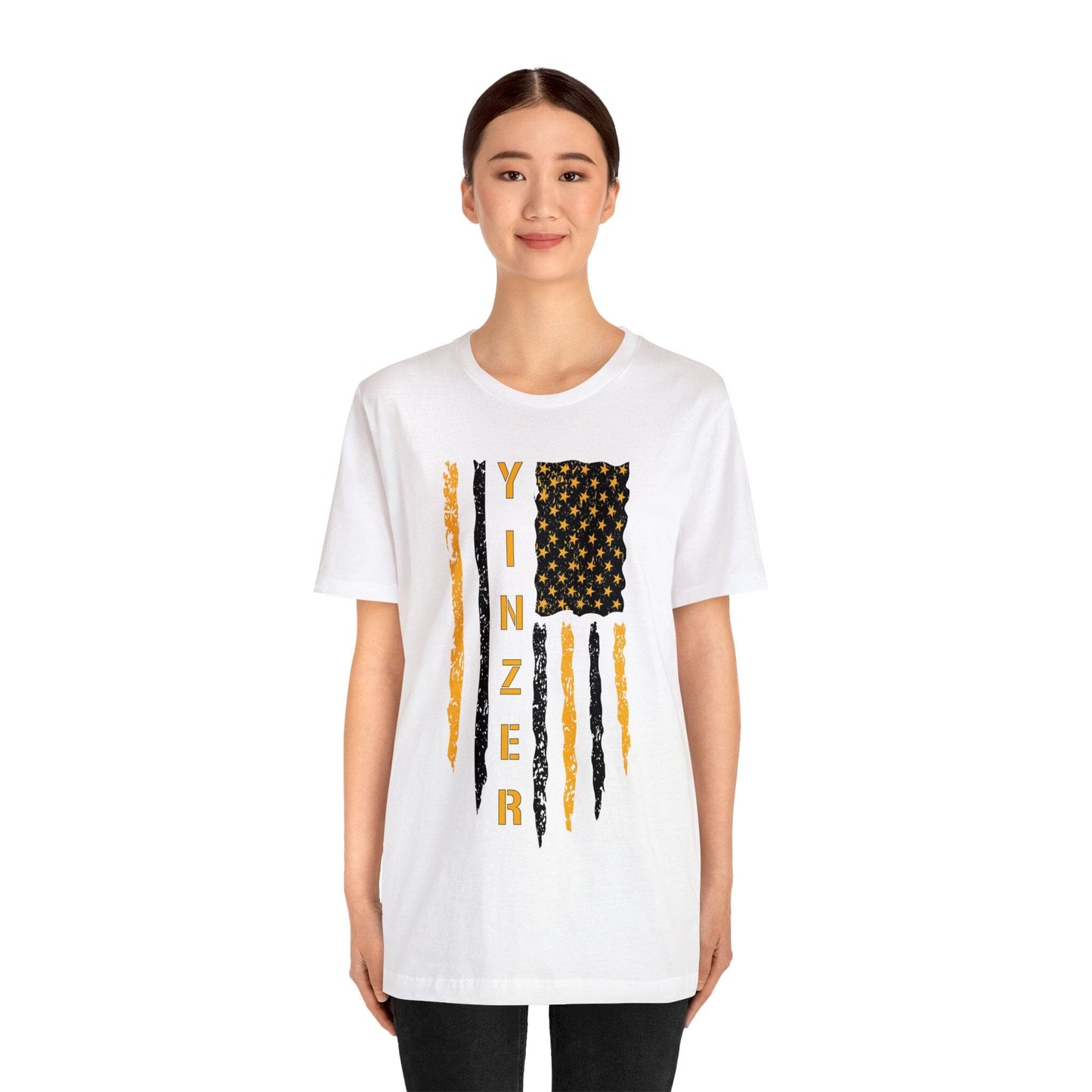 Yinzer Flag T-Shirt: Gold on Black, Pittsburgh Legacy & Patriotic Burgh Shirt T-Shirt Printify