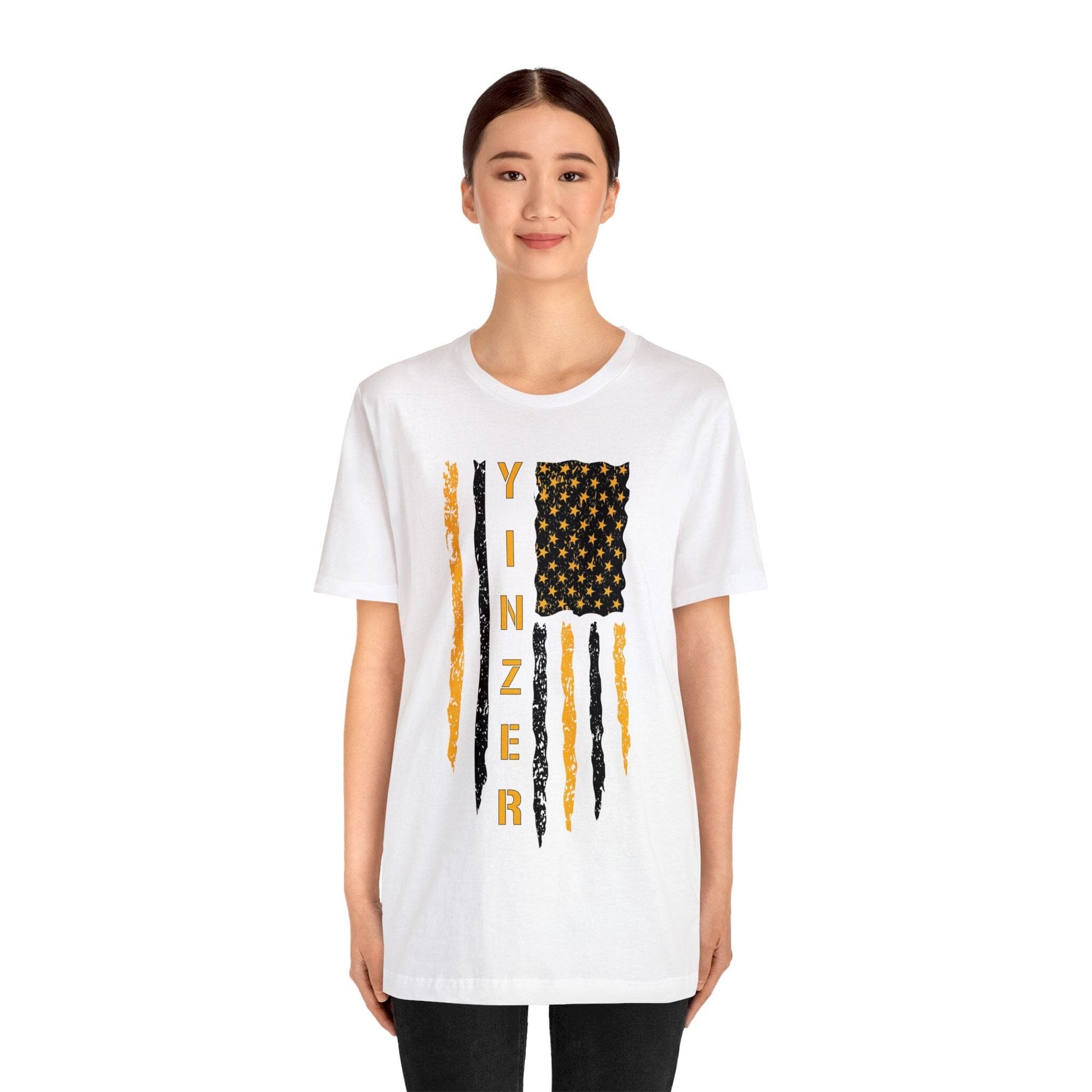 Yinzer Flag T-Shirt: Gold on Black, Pittsburgh Legacy & Patriotic Burgh Shirt T-Shirt Printify
