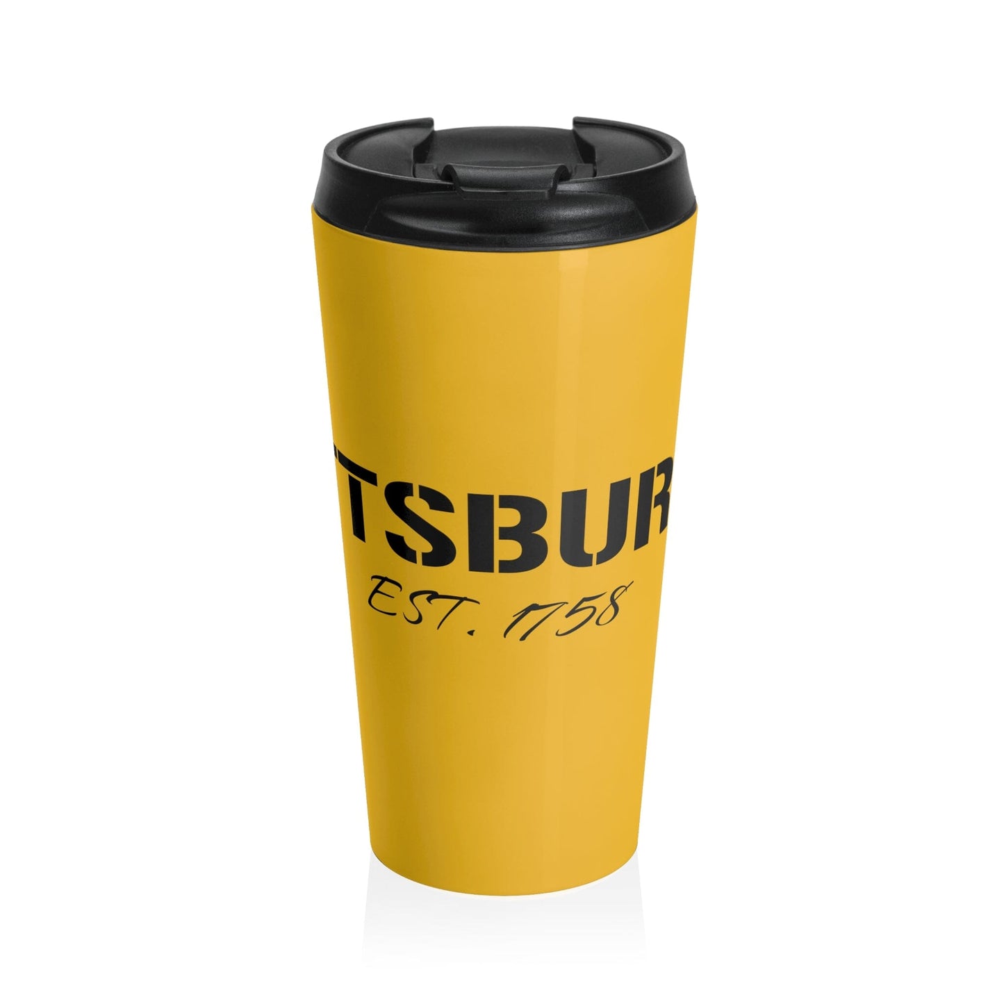 Gold stainless steel travel mug with black lid and “Pittsburgh Est. 1758” text – 15oz Yinzer coffee tumbler