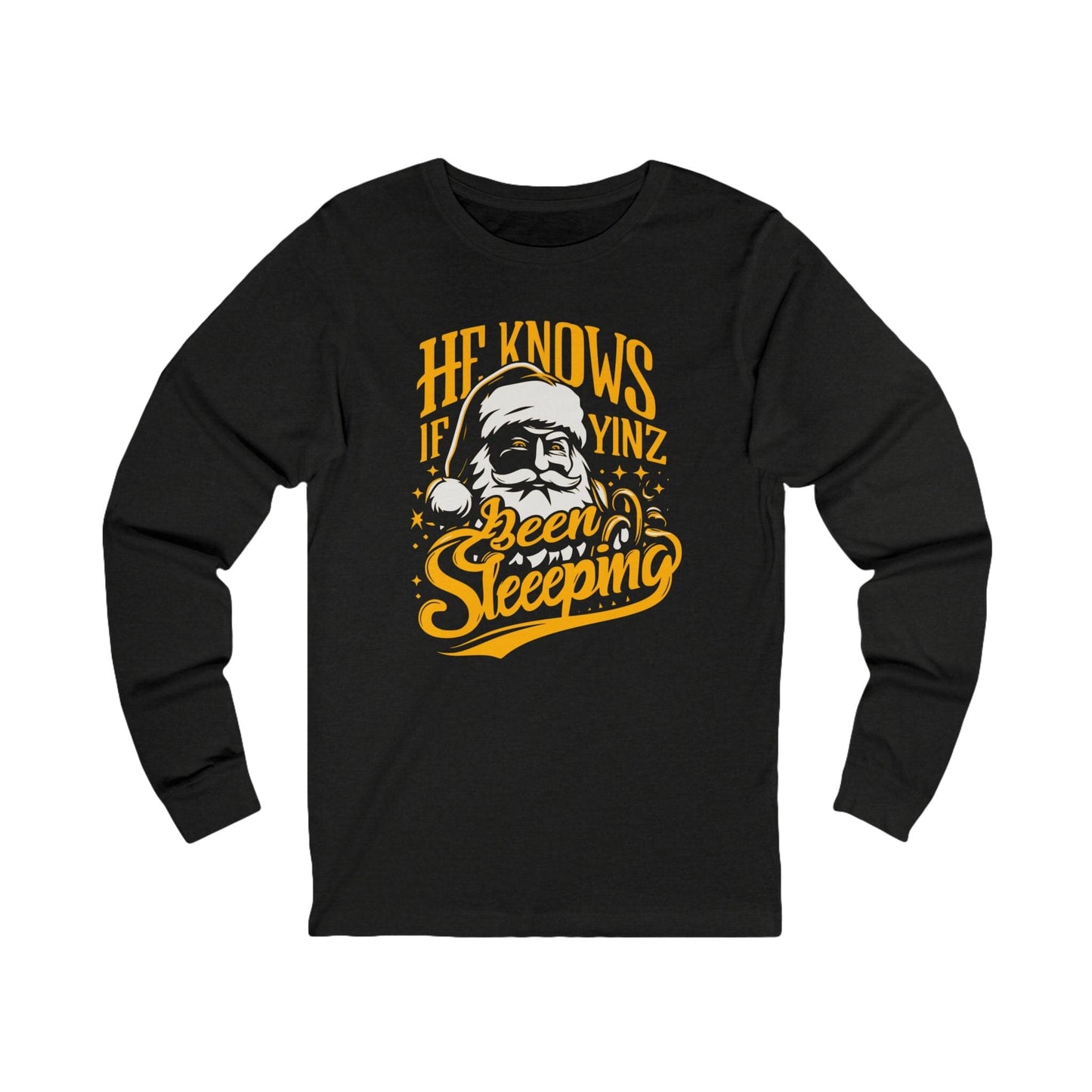 He Knows if Yinz Been Sleeping Long Sleeve Tee Long-sleeve Printify M Black Heather