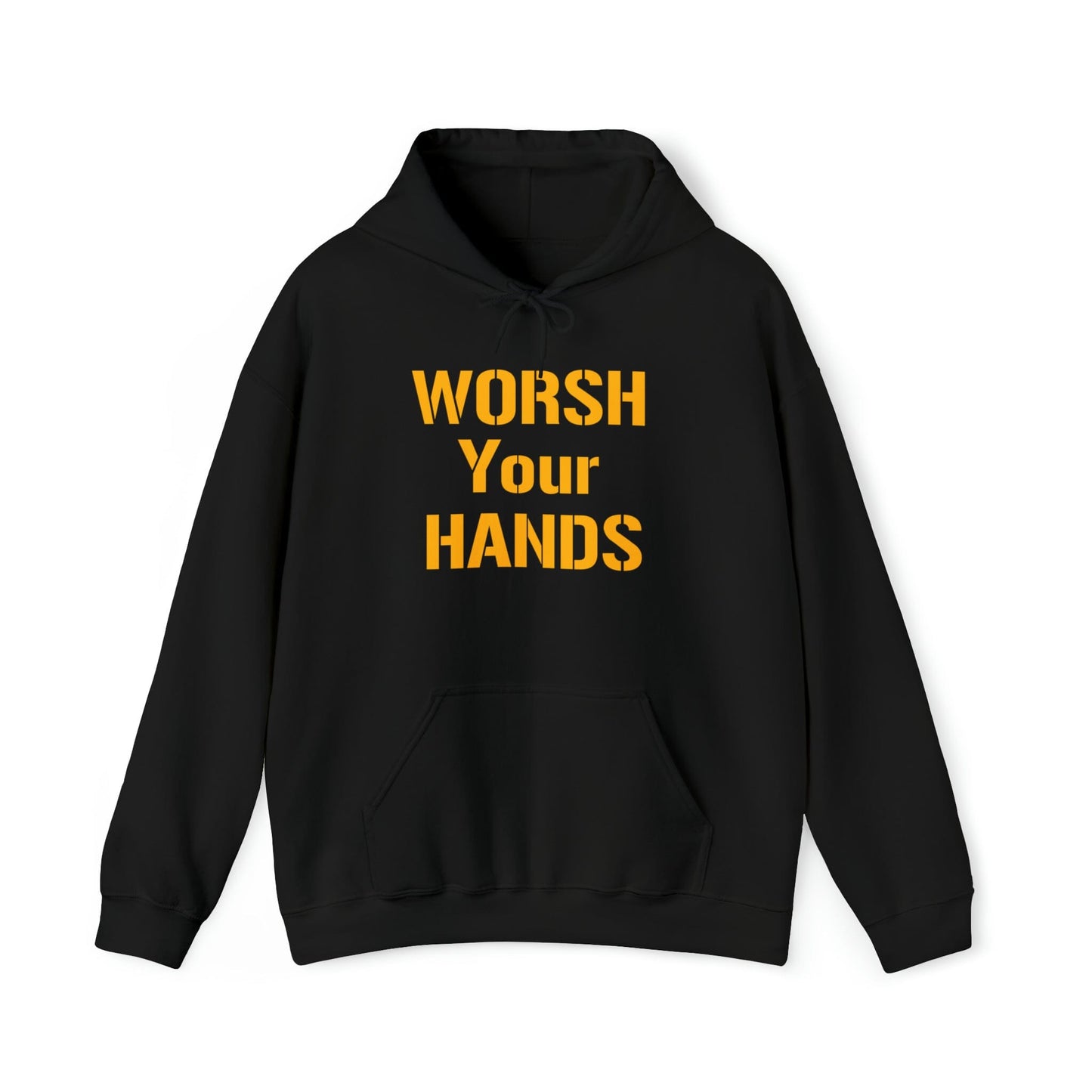 Black hoodie with “Worsh Your Hands” Pittsburghese graphic – funny Yinzer pullover sweatshirt
