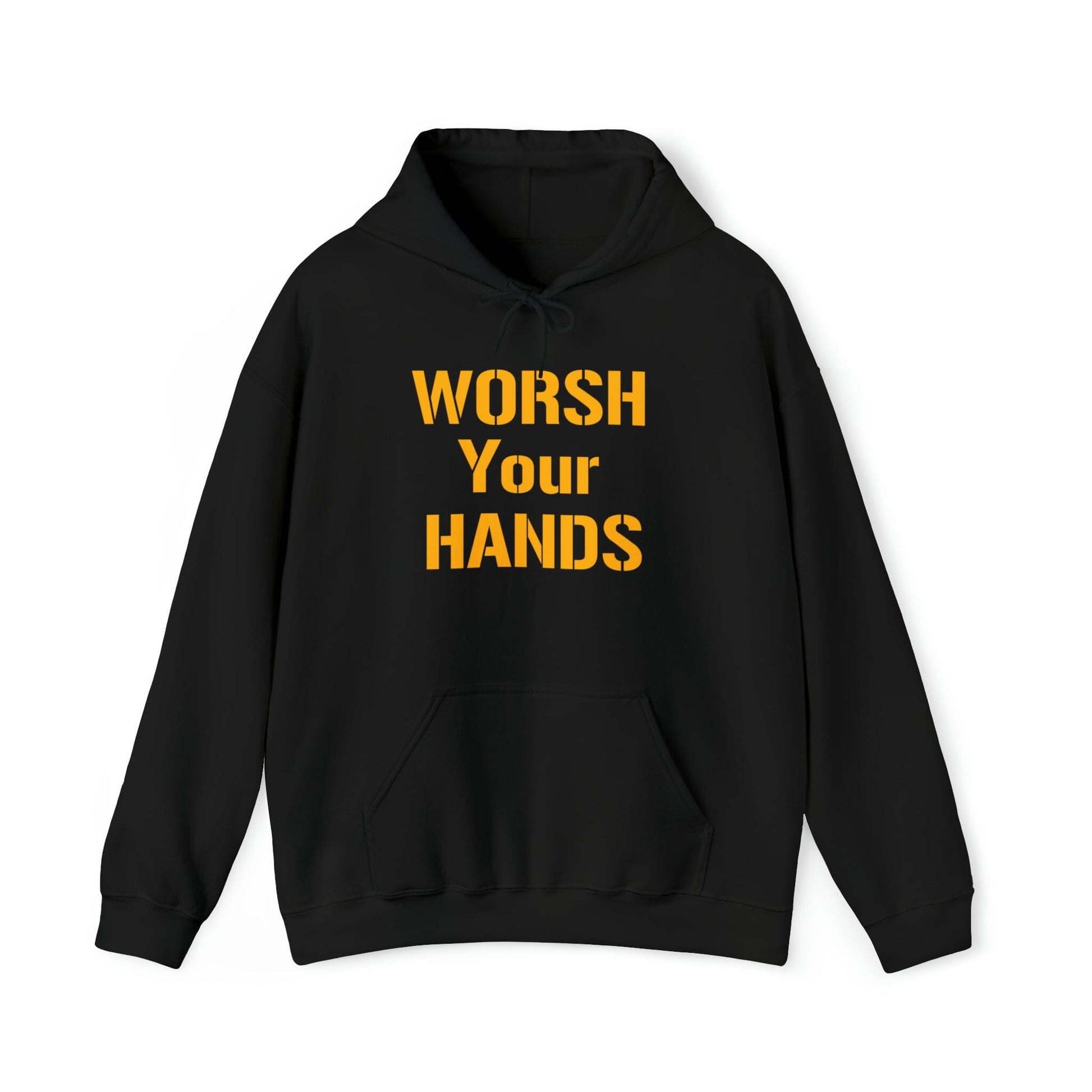 Black hoodie with “Worsh Your Hands” Pittsburghese graphic – funny Yinzer pullover sweatshirt