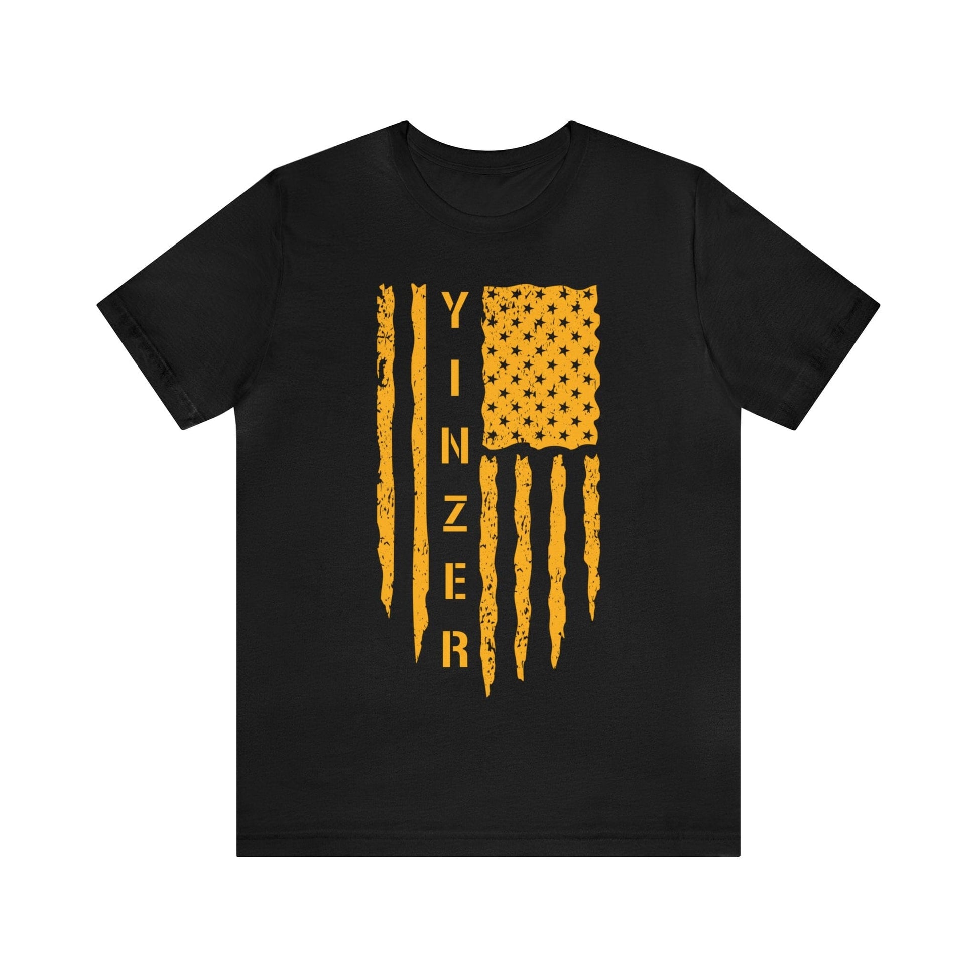 Black t-shirt with gold distressed American flag and “Yinzer” text – patriotic Pittsburgh Yinzer shirt