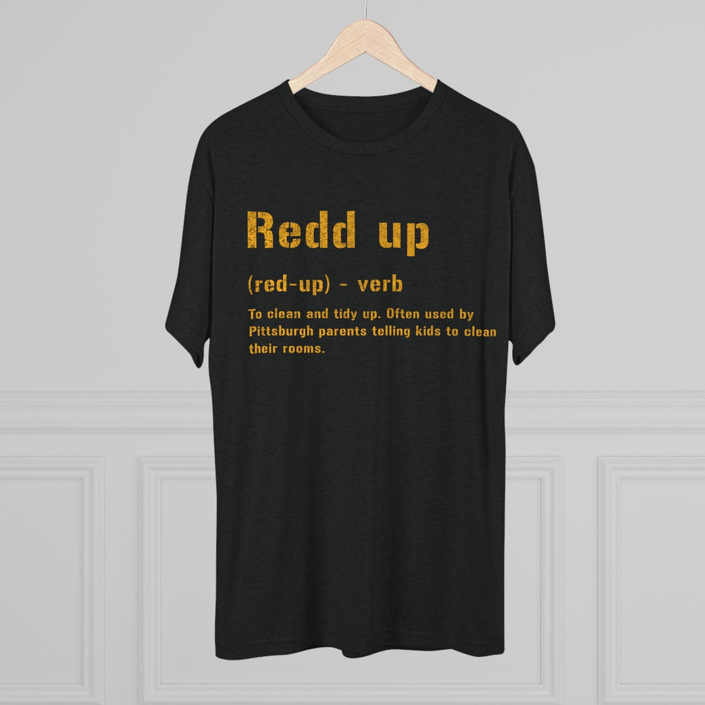 Redd Up Pittsburghese definition tee on red tee mockup view | Yinzergear