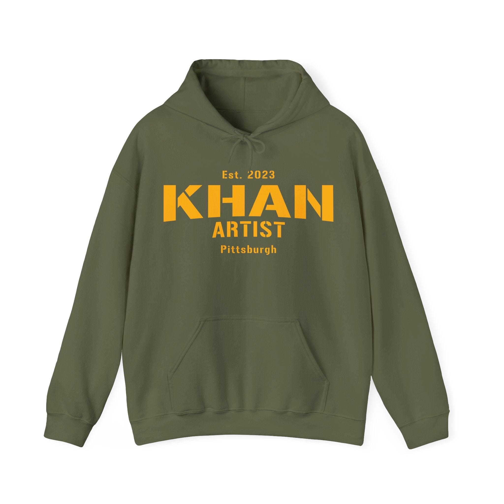 Khan Artist Pittsburgh Football Hoodie on military green hoodie | Yinzergear