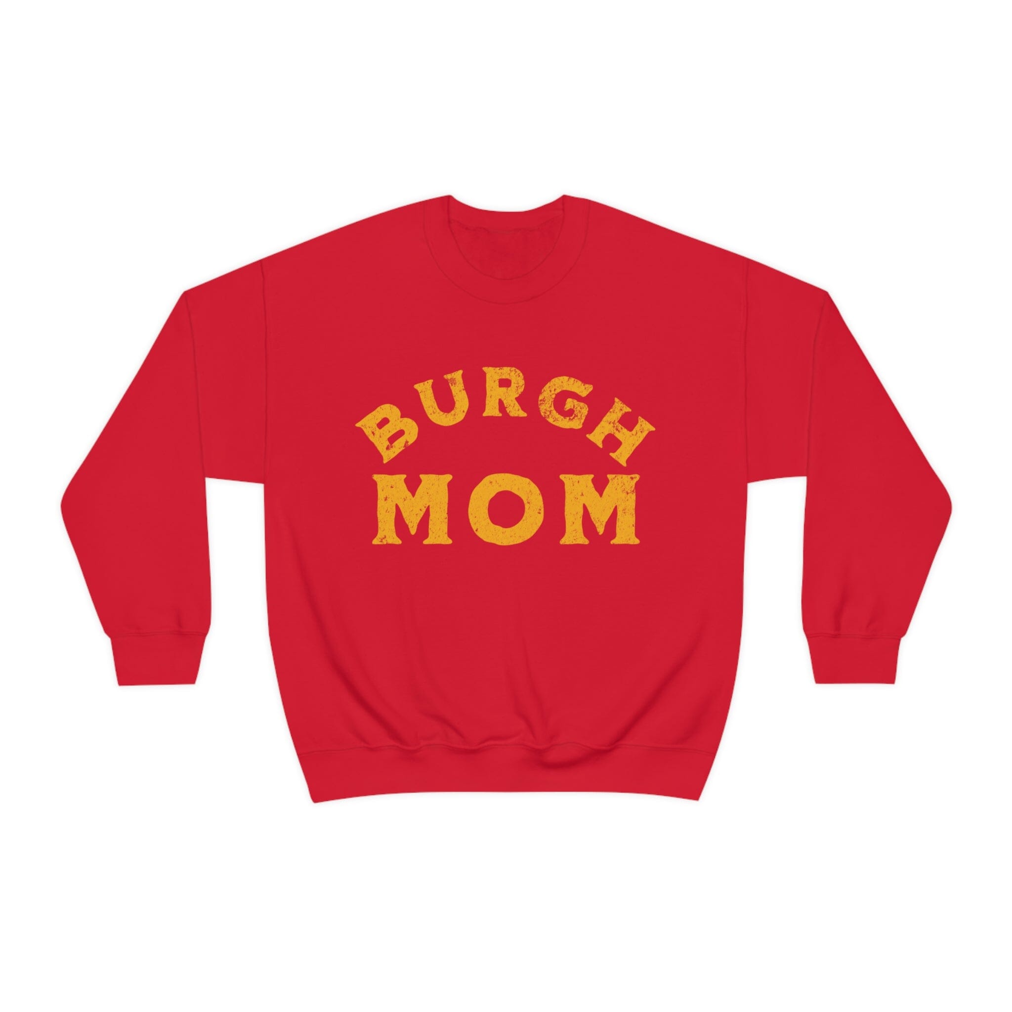 Burgh Mom Sweatshirt on red sweatshirt | Yinzergear