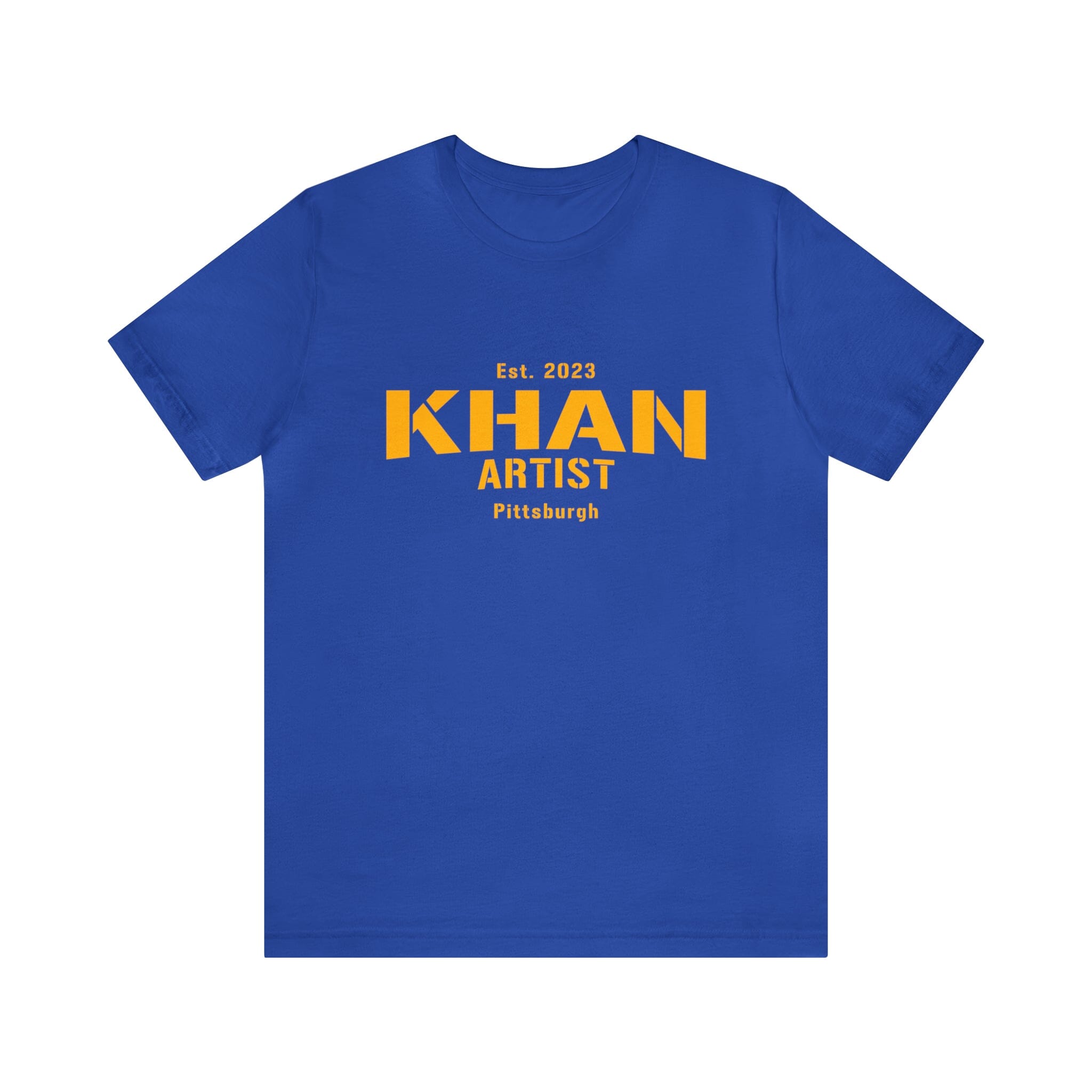 Khan Artist Pittsburgh Steelers football shirt on royal tee mockup view | Yinzergear