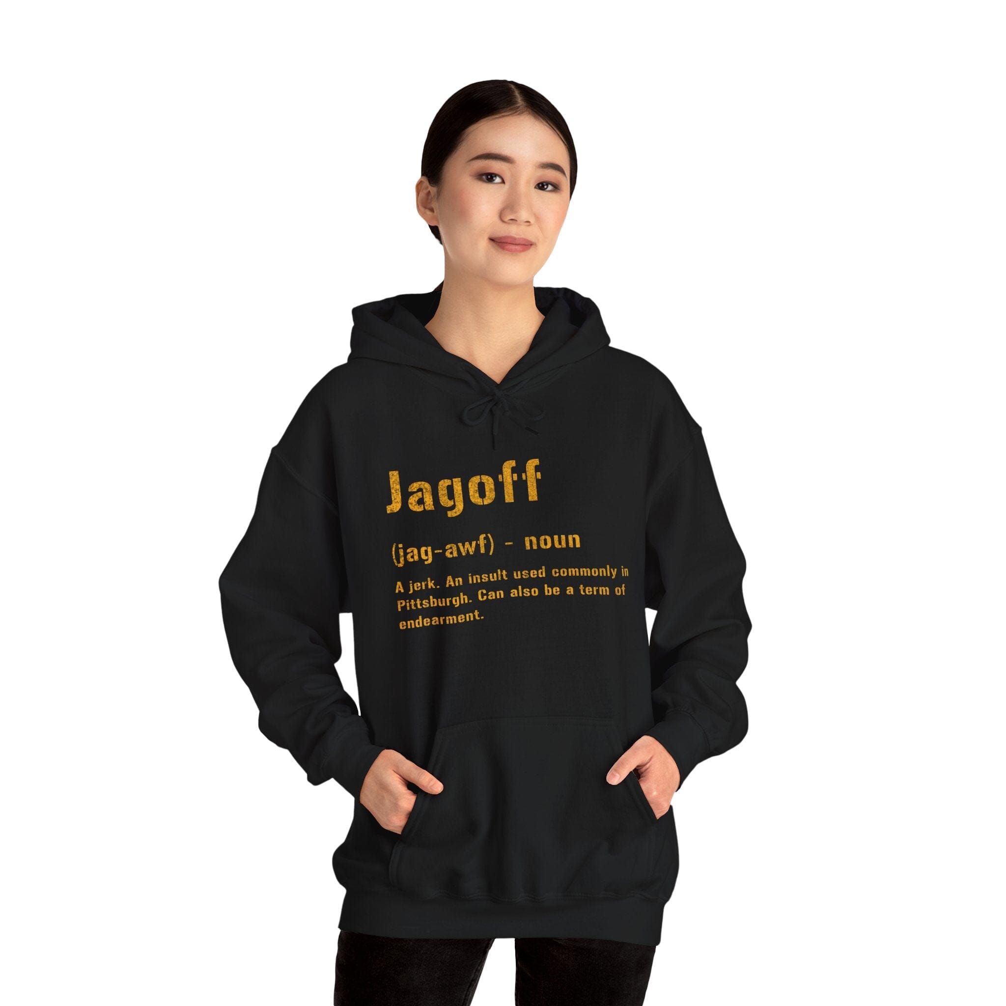 Jagoff Pittsburghese definition hoodie on black hoodie alternate view 3 | Yinzergear