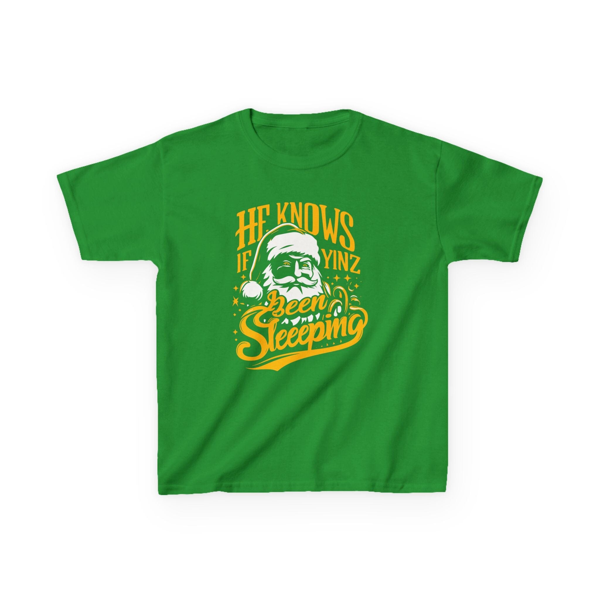 He Knows If Yinz Been Sleeping Kids Christmas T-Shirt on irish green kids shirt | Yinzergear