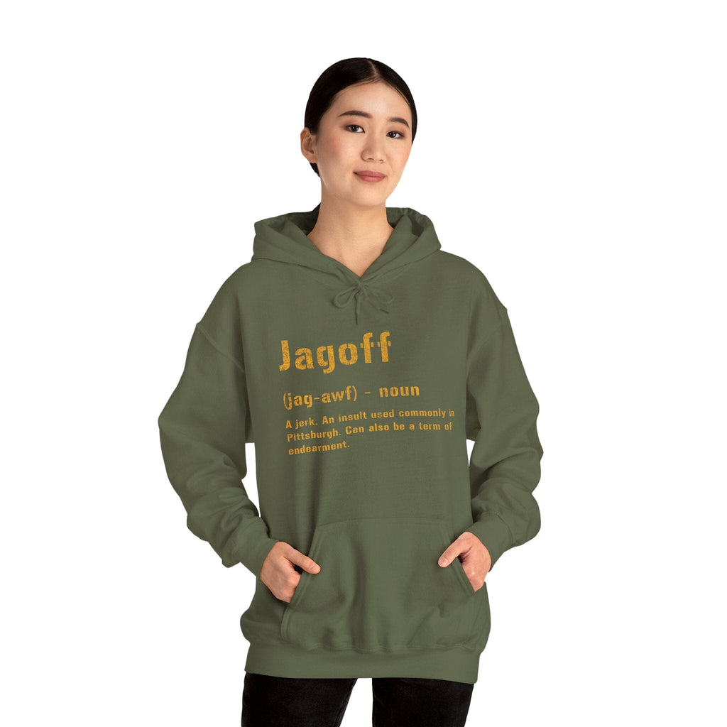 Jagoff Pittsburghese definition hoodie on black hoodie alternate view 9 | Yinzergear