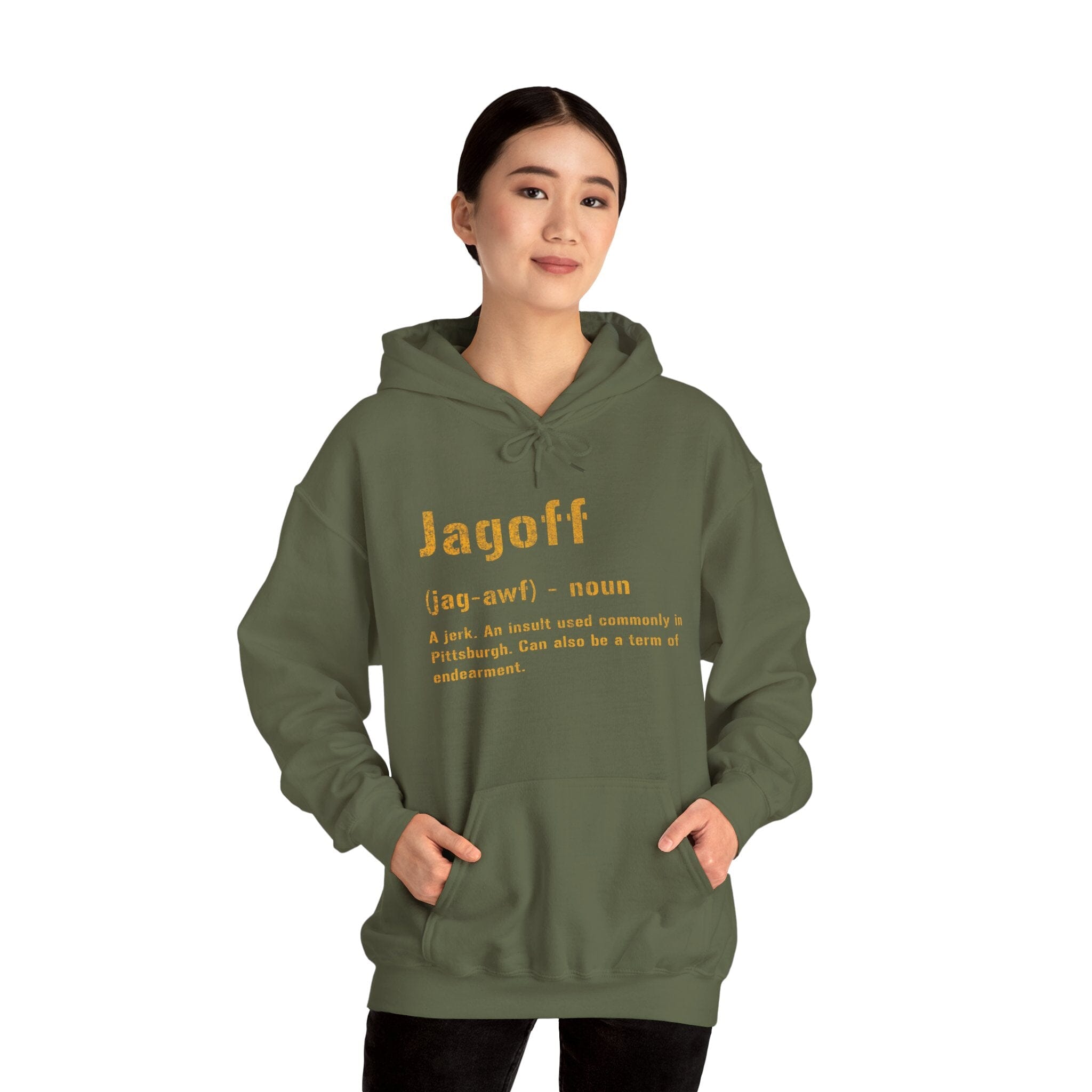 Jagoff Pittsburghese definition hoodie on black hoodie alternate view 9 | Yinzergear