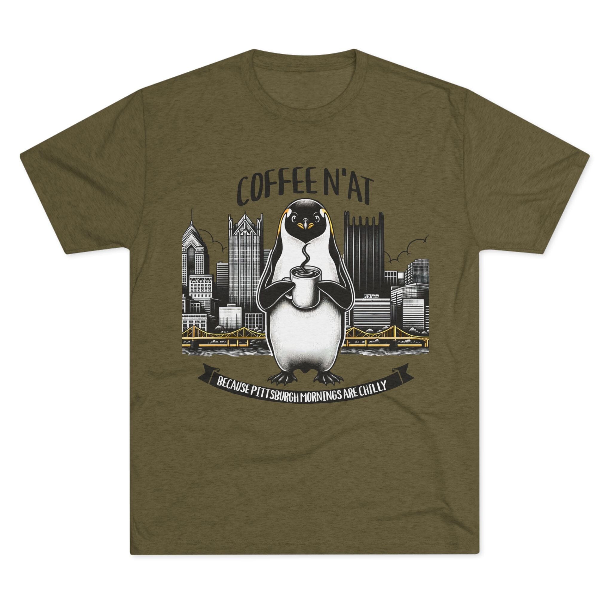 Coffee N’At Tri-Blend T-Shirt Pittsburgh tee on military green tee | Yinzergear