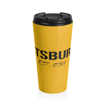 Sip the Spirit of the Steel City with the Pittsburgh Est 1758 Travel Mug - Gold Edition Mug Yinzergear 15oz 