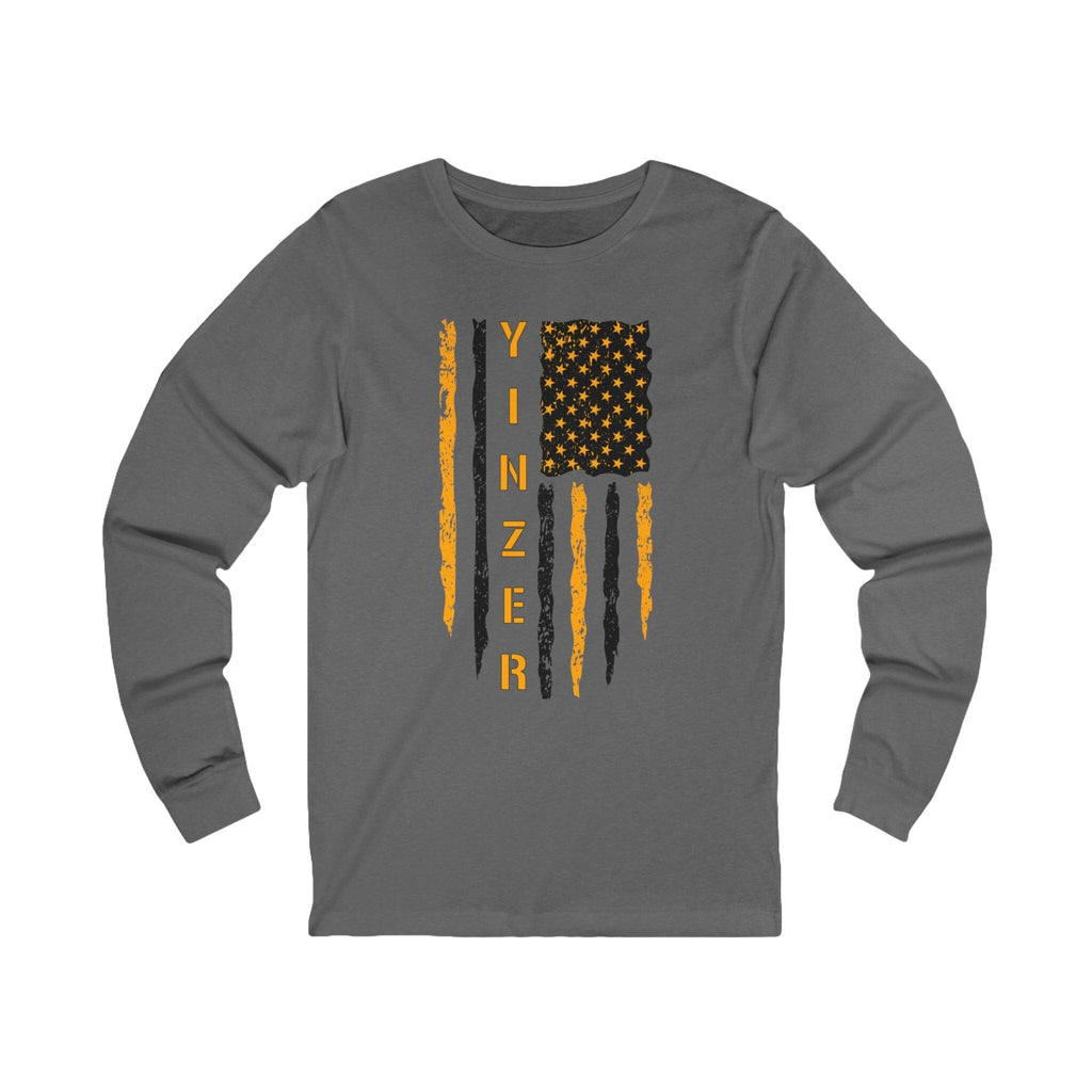 Yinzer Flag Long Sleeve Shirt on grey long sleeve shirt mockup view | Yinzergear