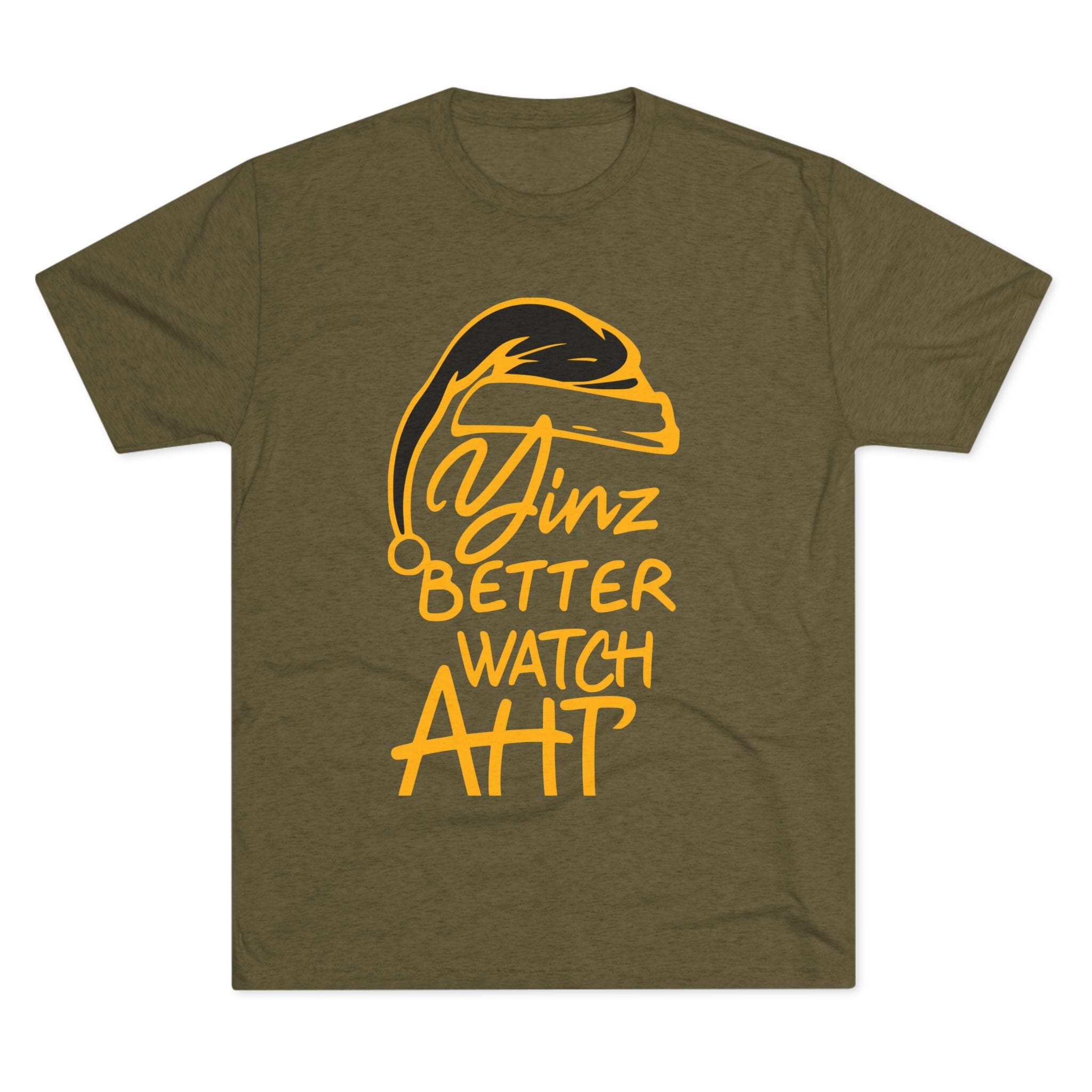 Yinz Better Watch Aht Tri-Blend Christmas T-Shirt Pittsburgh tee on military green tee | Yinzergear