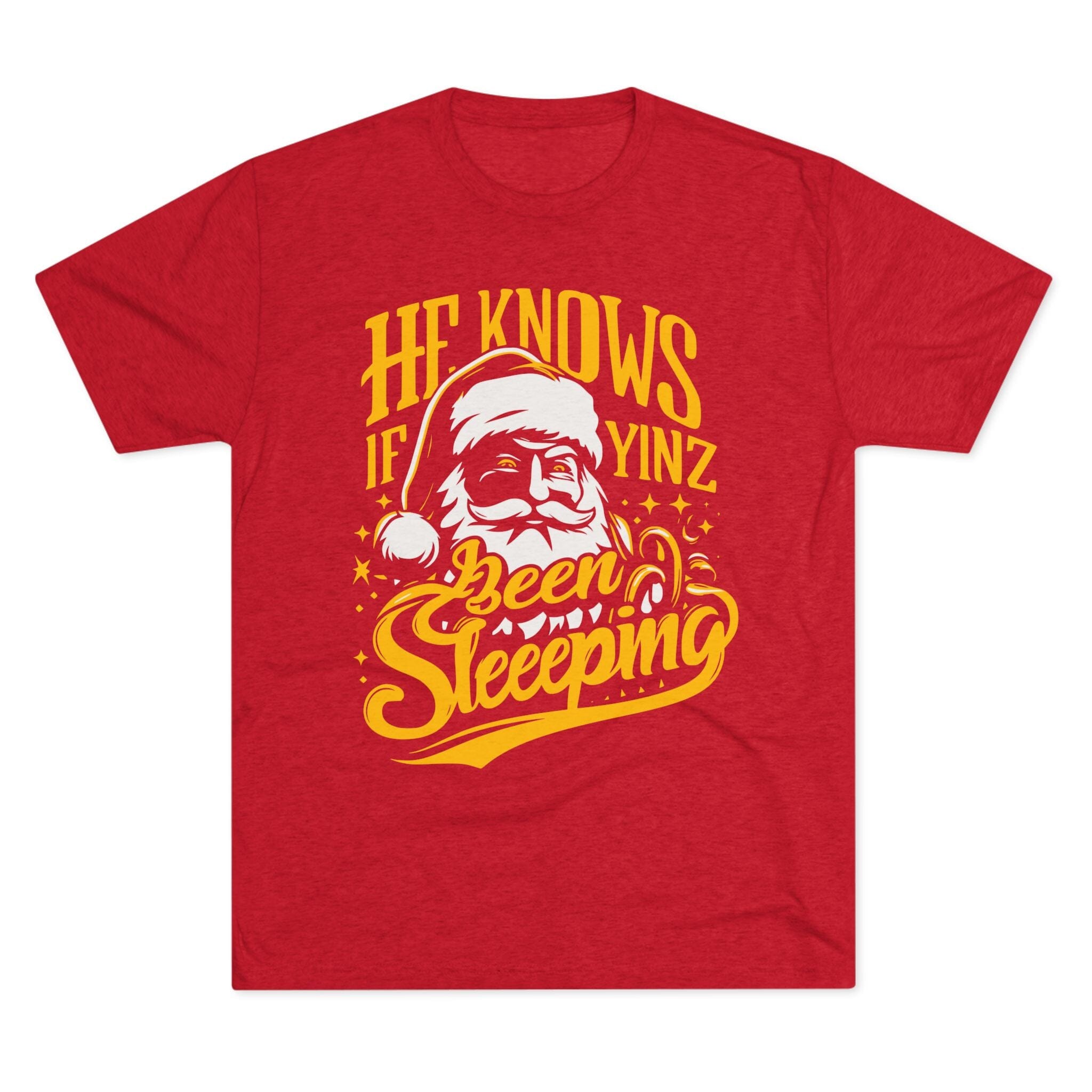 Yinzer Santa Tri-Blend Christmas T-shirt on red tee | Yinzergear