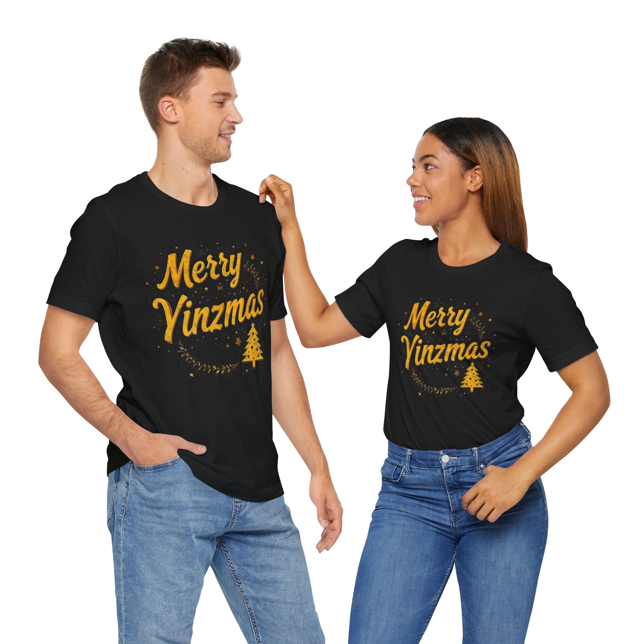 Merry Yinzmas Pittsburgh Christmas T-shirt on black tee mockup view | Yinzergear