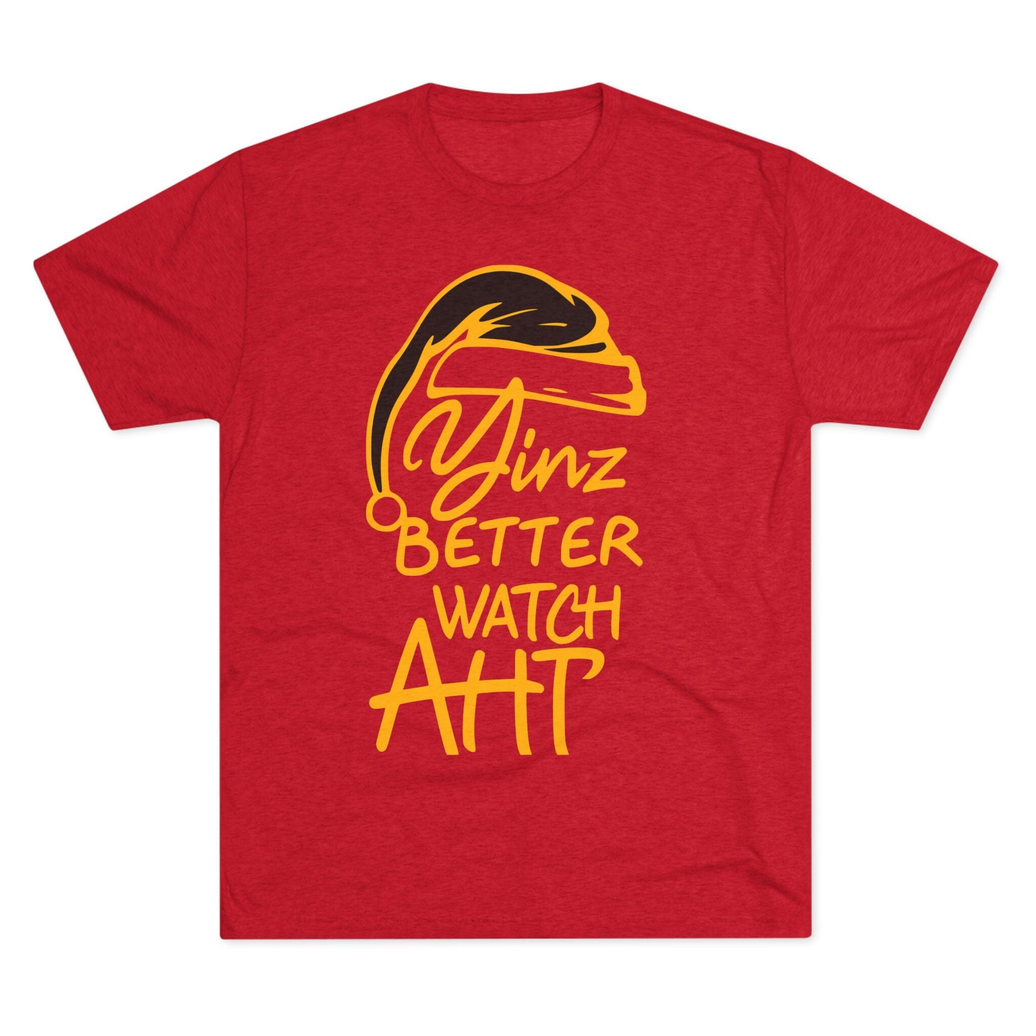 Yinz Better Watch Aht Tri-Blend Christmas T-Shirt Pittsburgh tee on red tee | Yinzergear