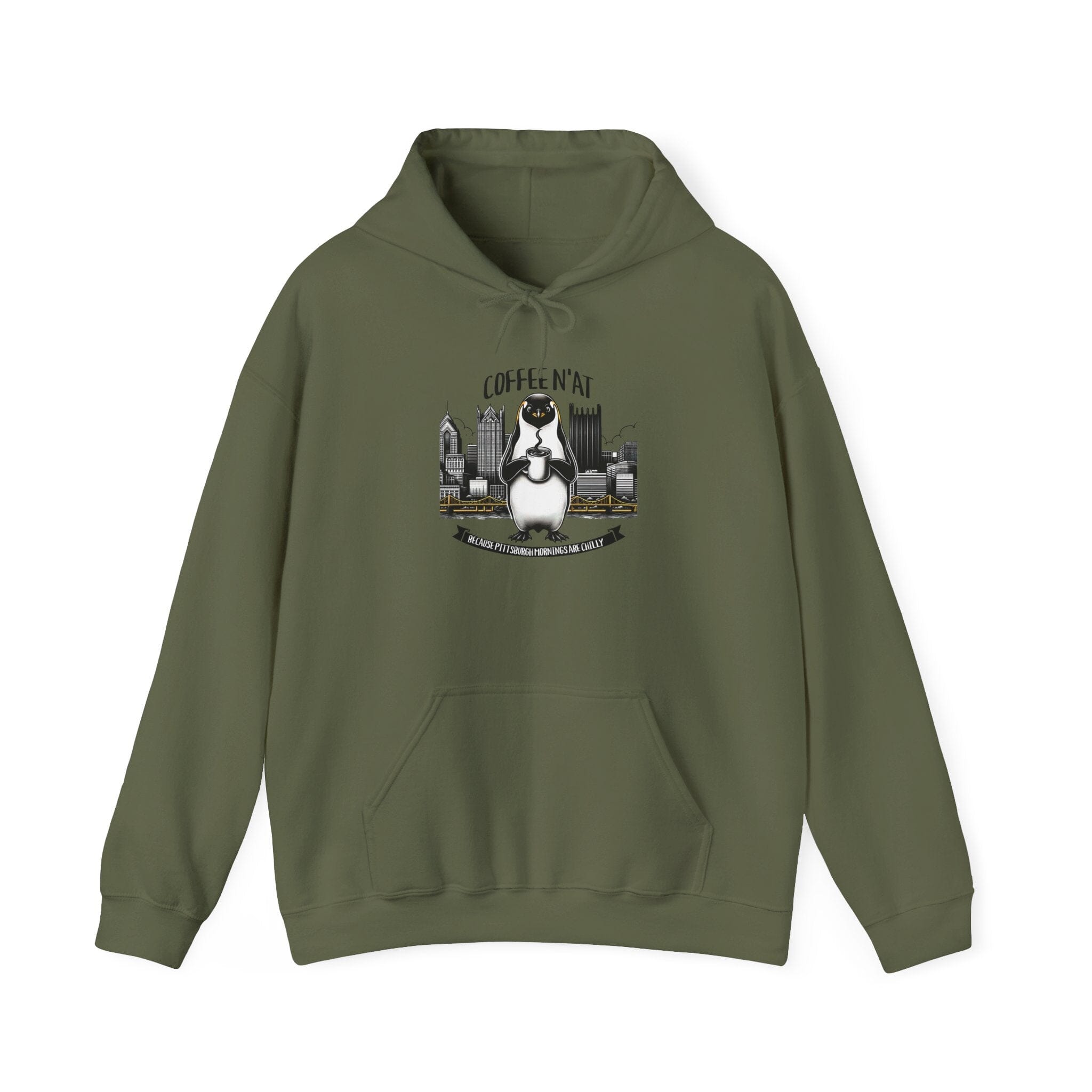 Coffee N'at Hoodie Pittsburgh hoodie on military green hoodie | Yinzergear