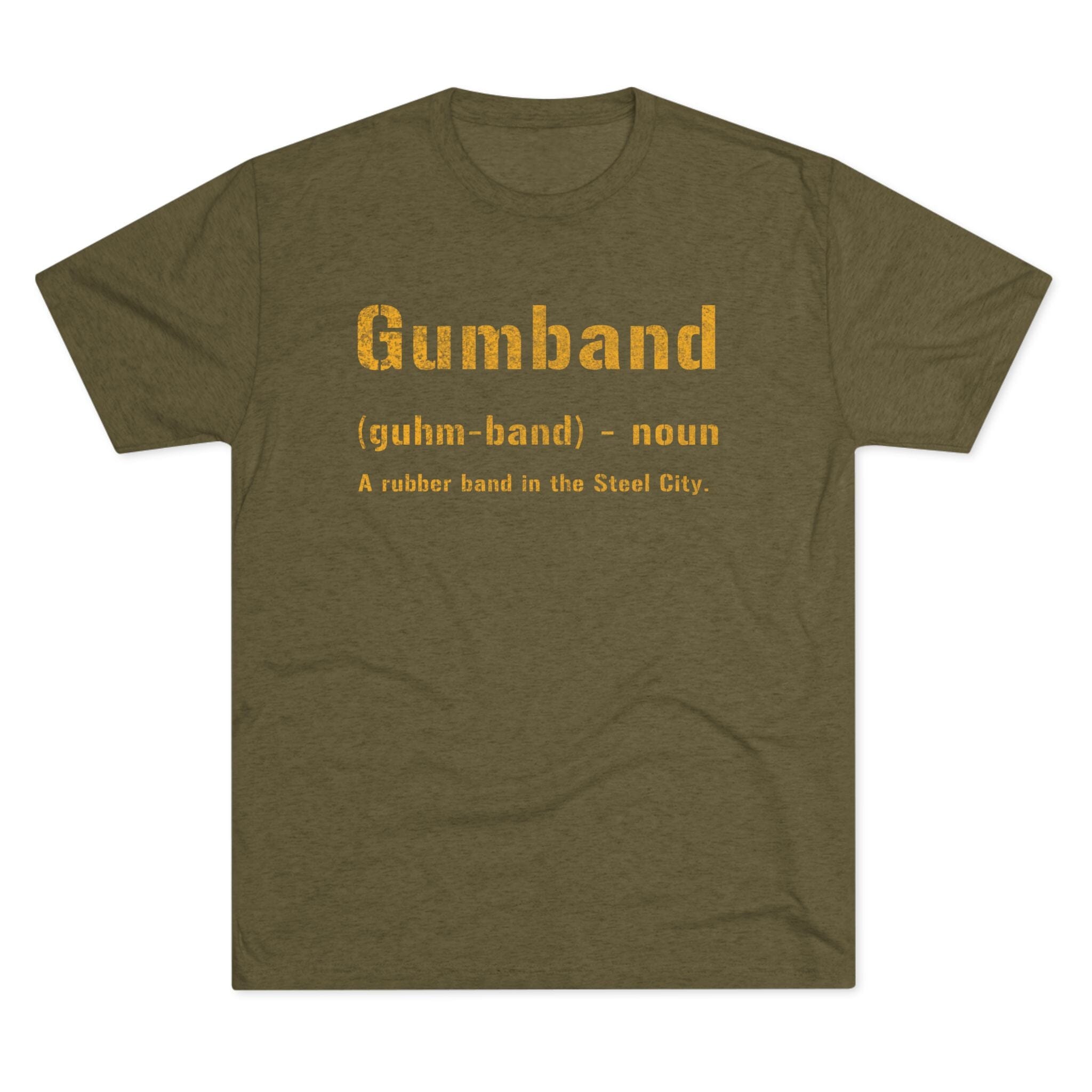 Gumband Pittsburghese definition tee on military green tee | Yinzergear