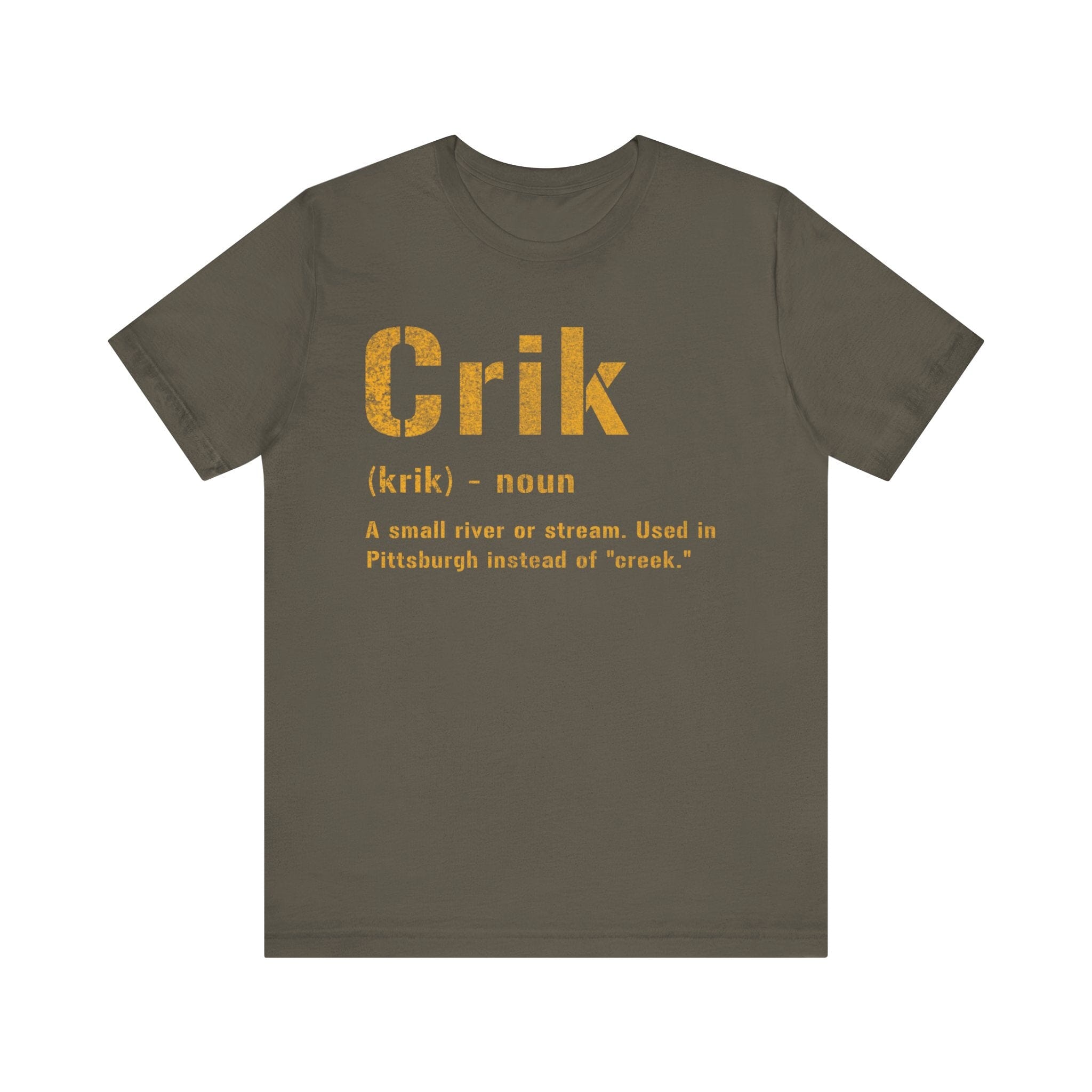 Crik Pittsburghese definition tee on army green tee | Yinzergear