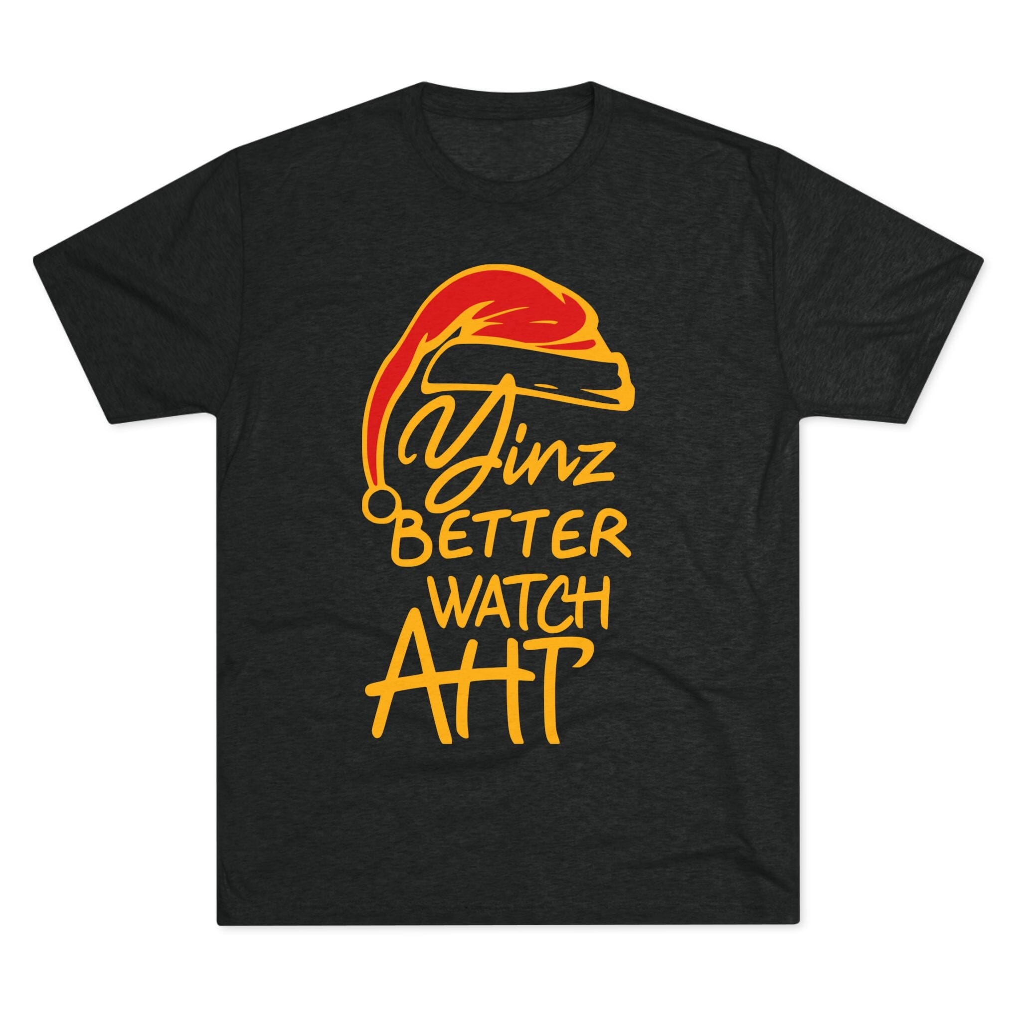 Yinz Better Watch Aht Tri-Blend Christmas T-Shirt Pittsburgh tee on black tee | Yinzergear