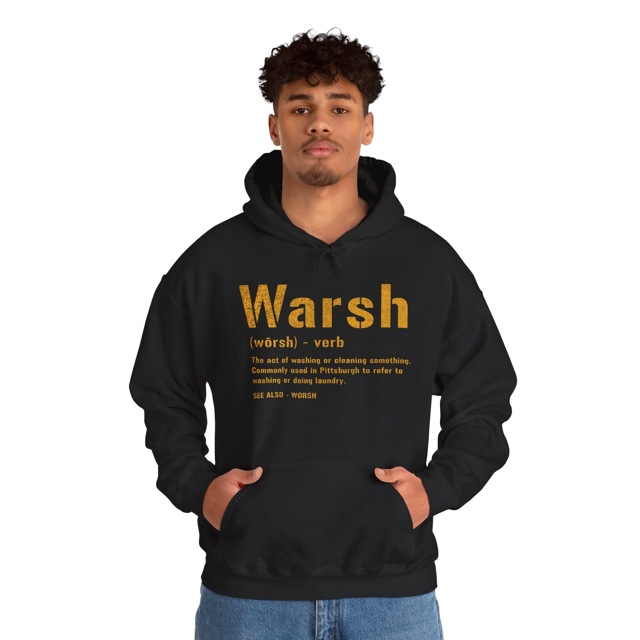 Warsh Hoodie Pittsburgh hoodie on black hoodie | Yinzergear