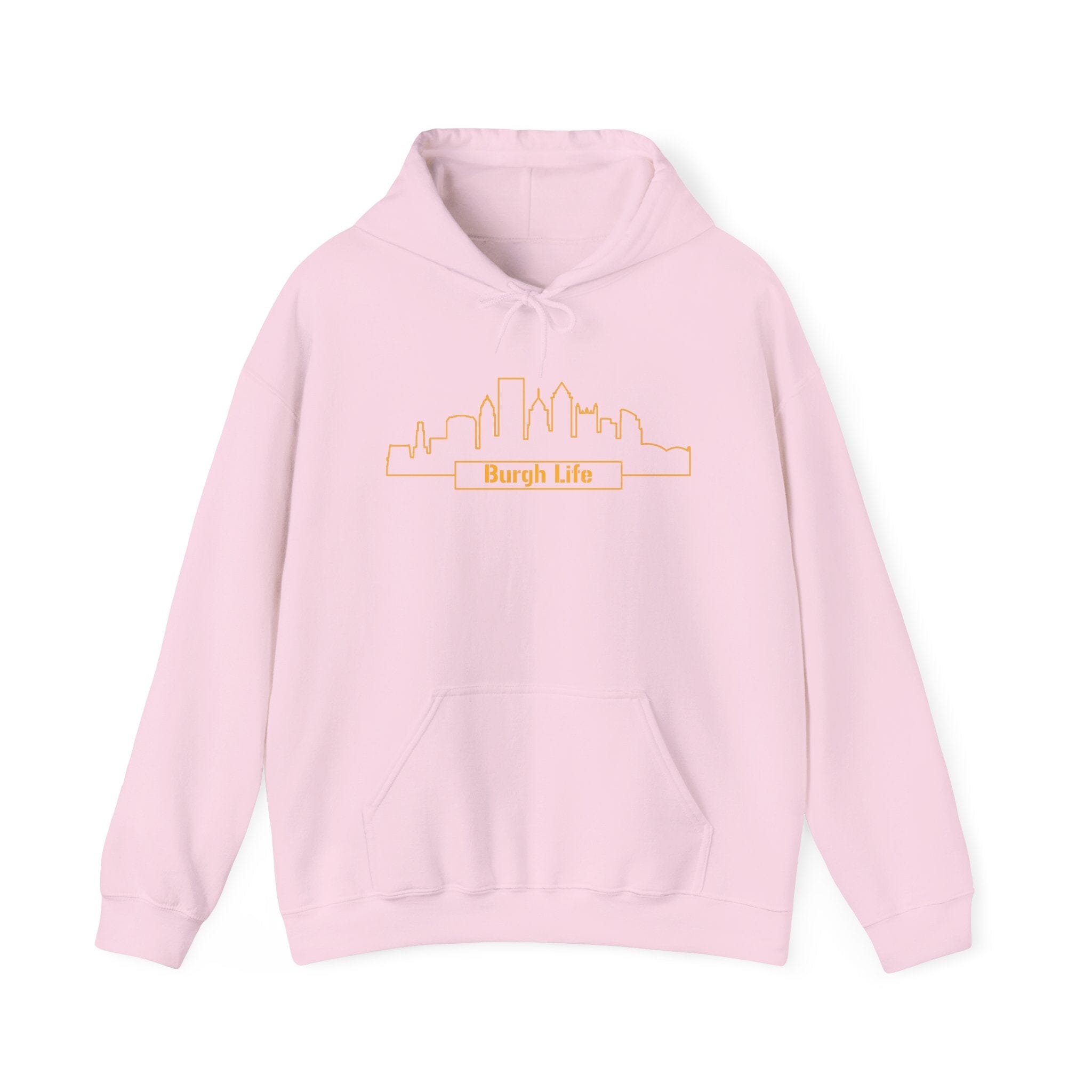 Burgh Life Pittsburgh Skyline Hoodie on pink hoodie | Yinzergear