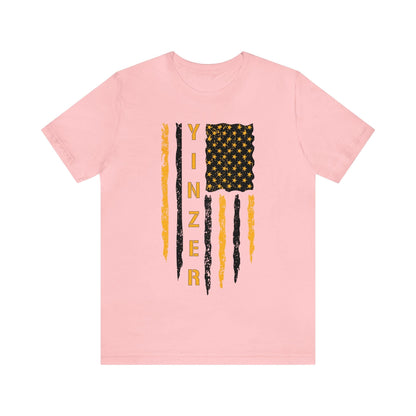 Yinzer Flag T-Shirt: Gold on Black, Pittsburgh Legacy & Patriotic Burgh Shirt T-Shirt Printify Pink S 