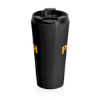 Pittsburgh 1758 Stainless Steel Travel Mug front view mockup view | Yinzergear