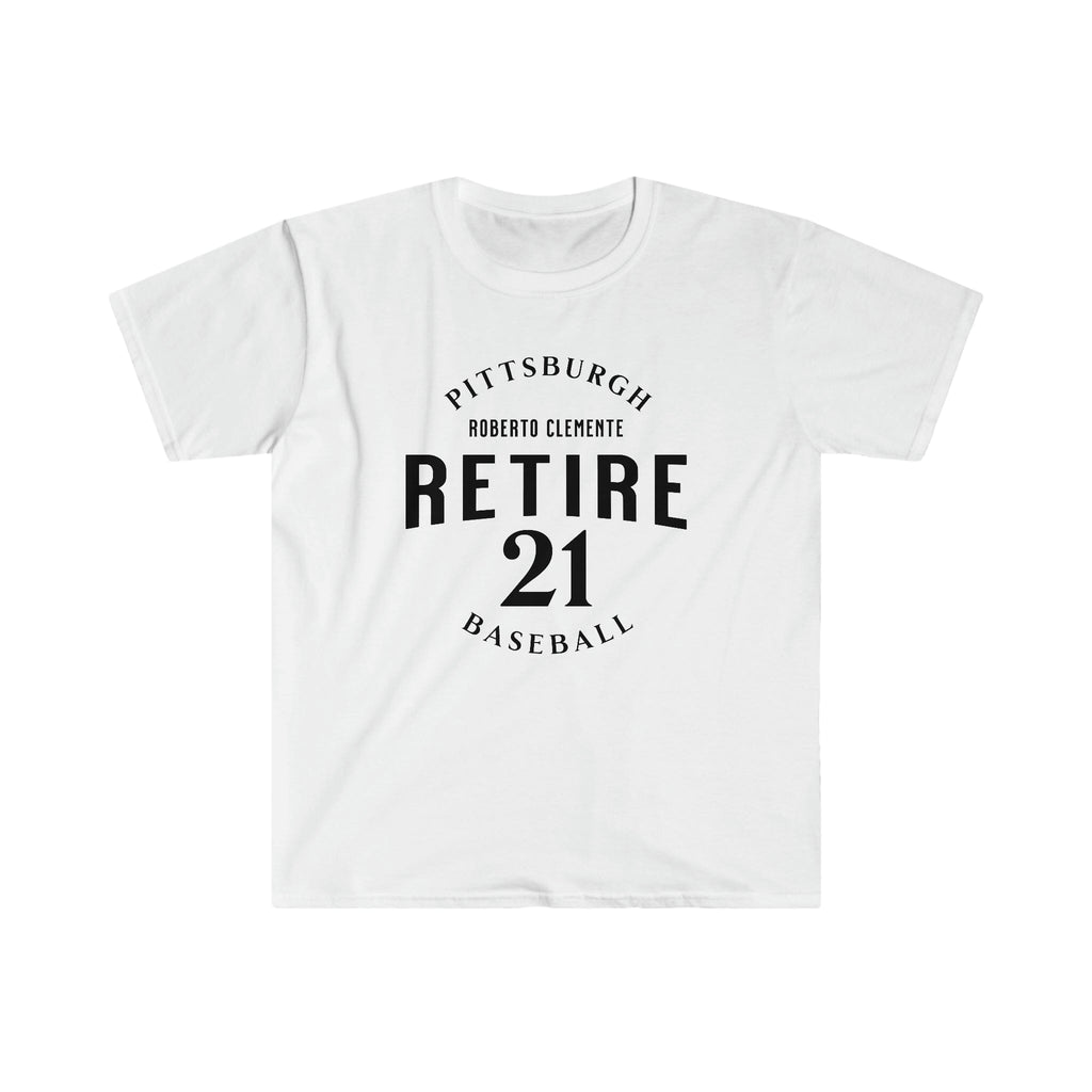 Retire 21 Pittsburgh Baseball T-shirt on white tee mockup view | Yinzergear
